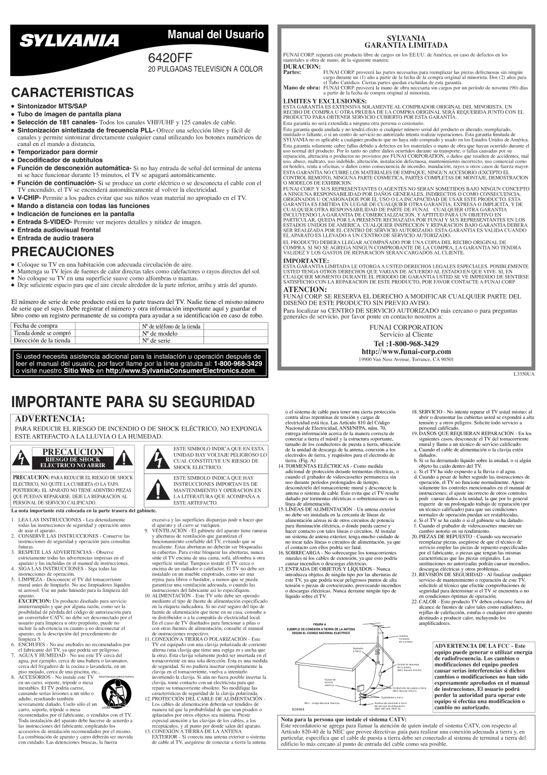 Sylvania 6420FF owner manual Caracteristicas, Precauciones, Sylvania Garantia Limitada, Atencion 