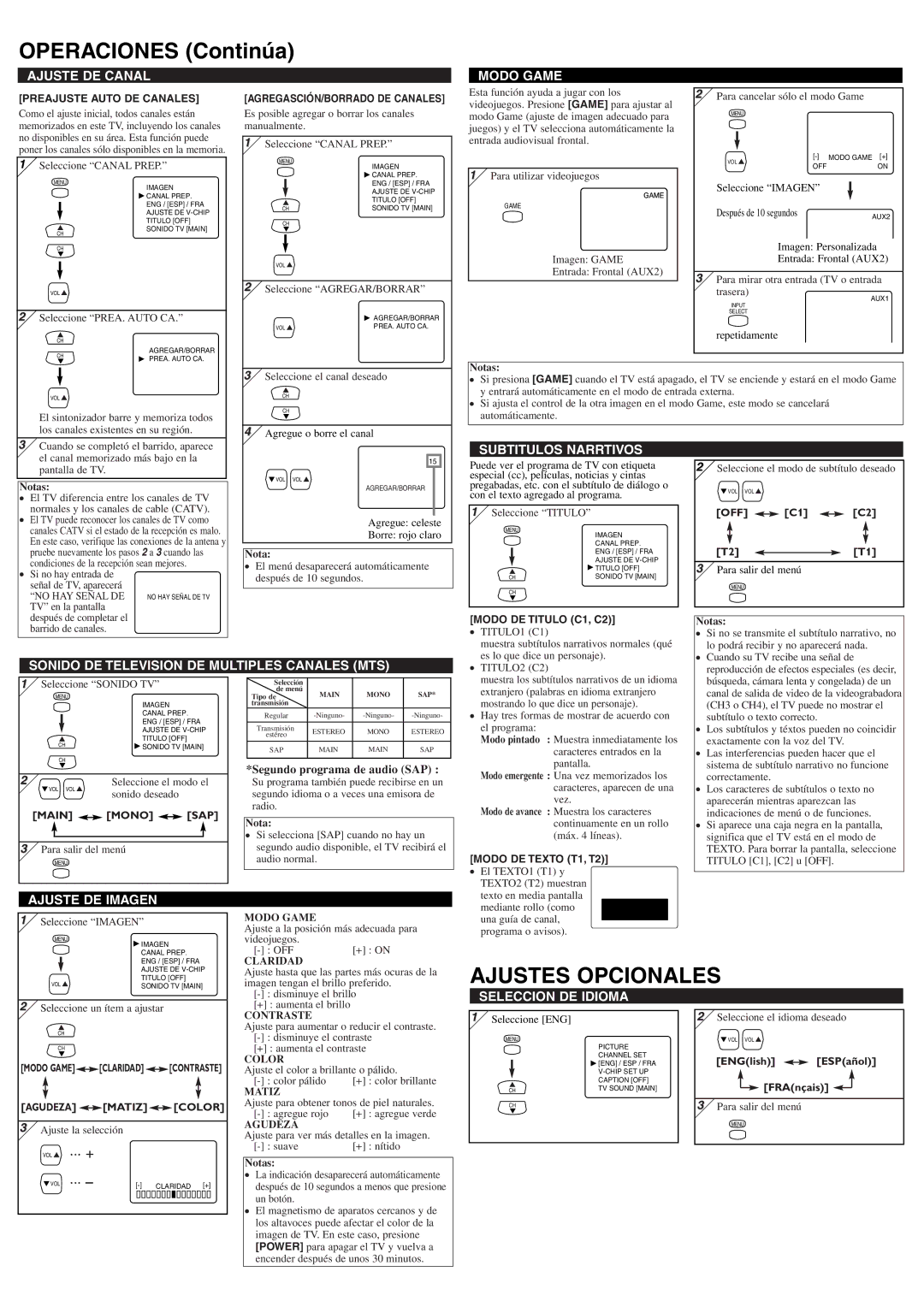 Sylvania 6420FF owner manual Operaciones Continúa, Ajustes Opcionales 