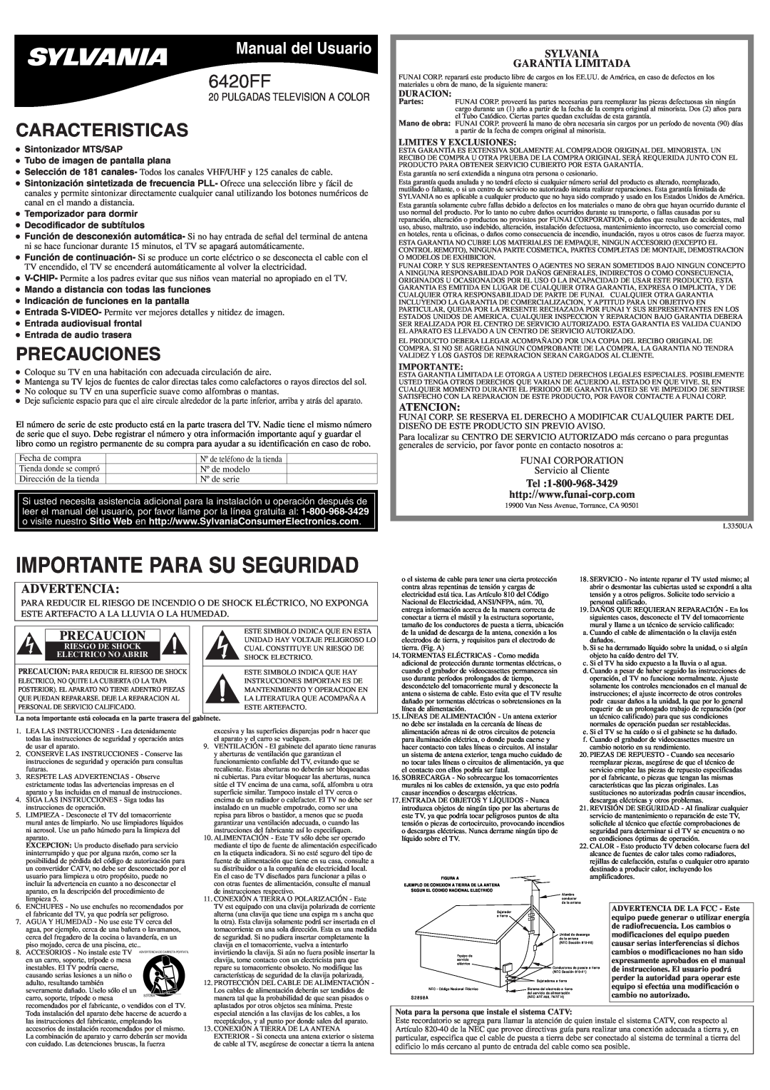 Sylvania 6420FF Caracteristicas, Precauciones, Manual del Usuario, Sylvania Garantia Limitada, Atencion, Duracion 