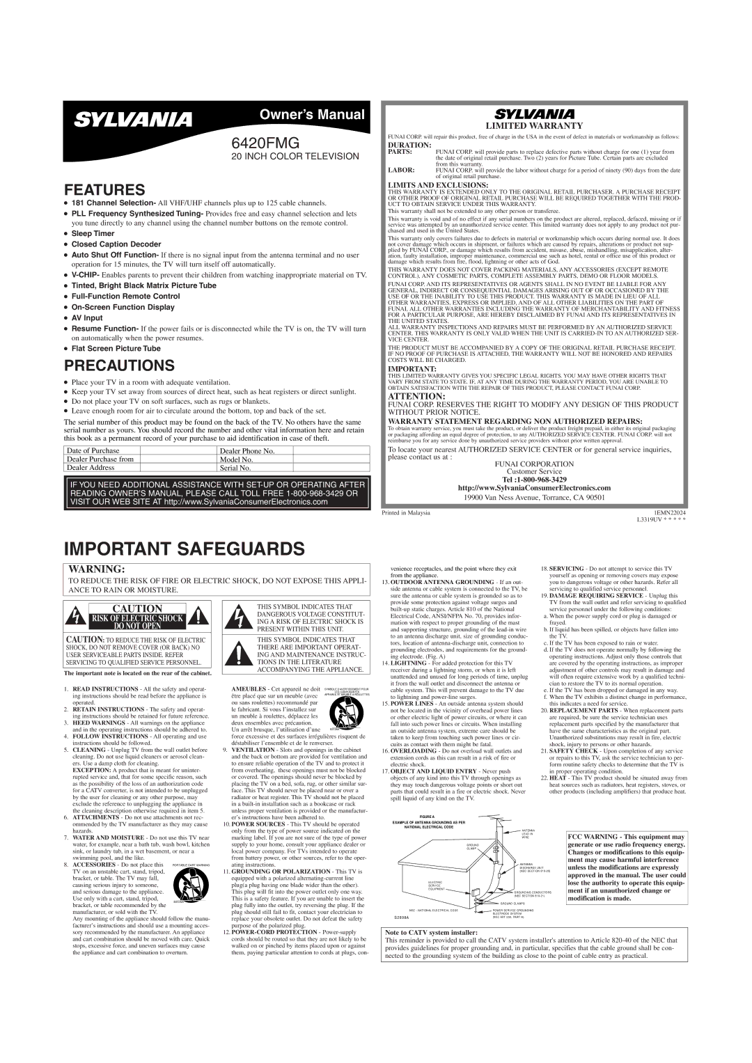 Sylvania 6420FMG owner manual Features, Precautions, Sleep Timer Closed Caption Decoder, Flat Screen Picture Tube 