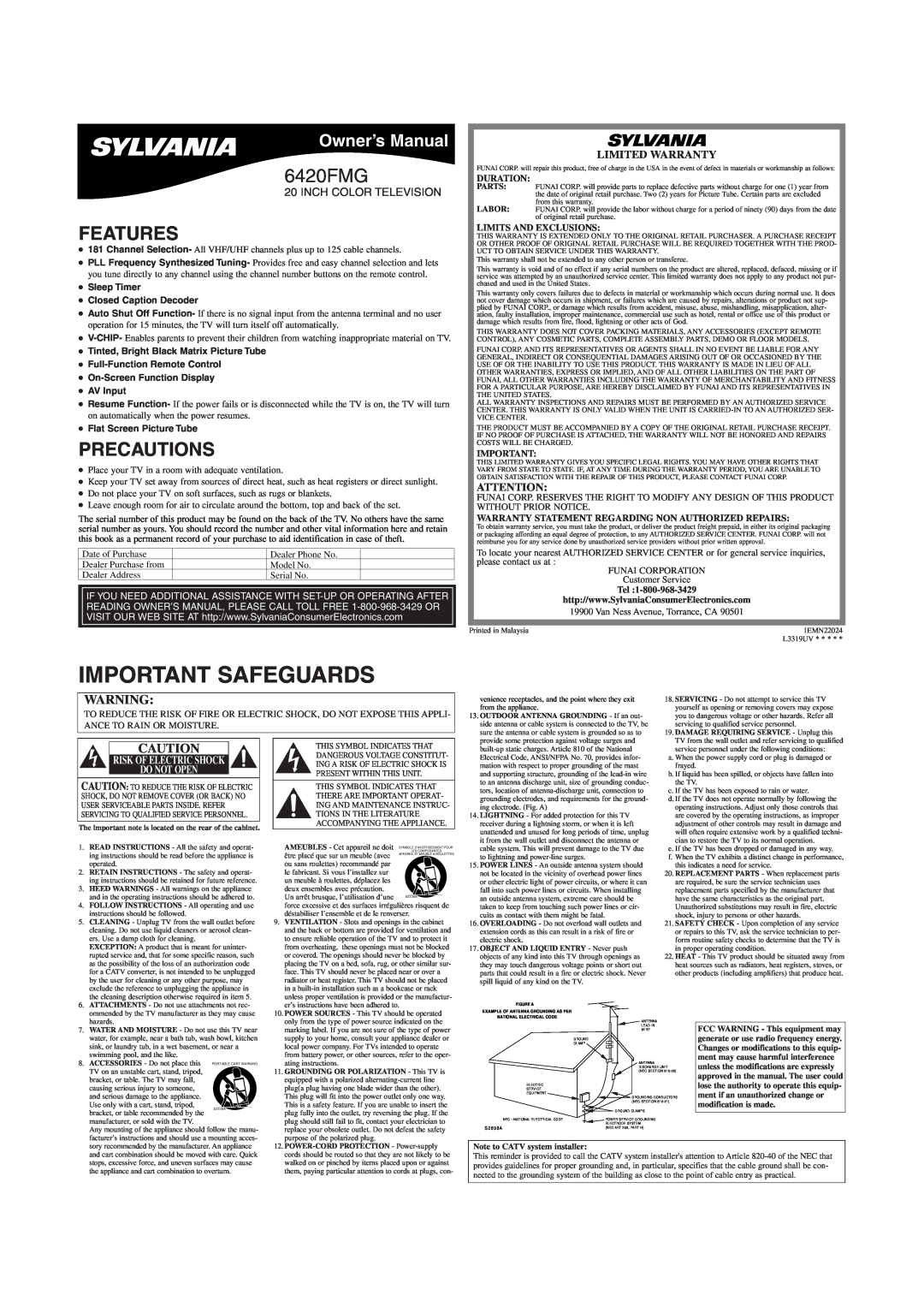Sylvania 6420FMG owner manual Features, Precautions, Important Safeguards, Owner’s Manual, Inch Color Television 
