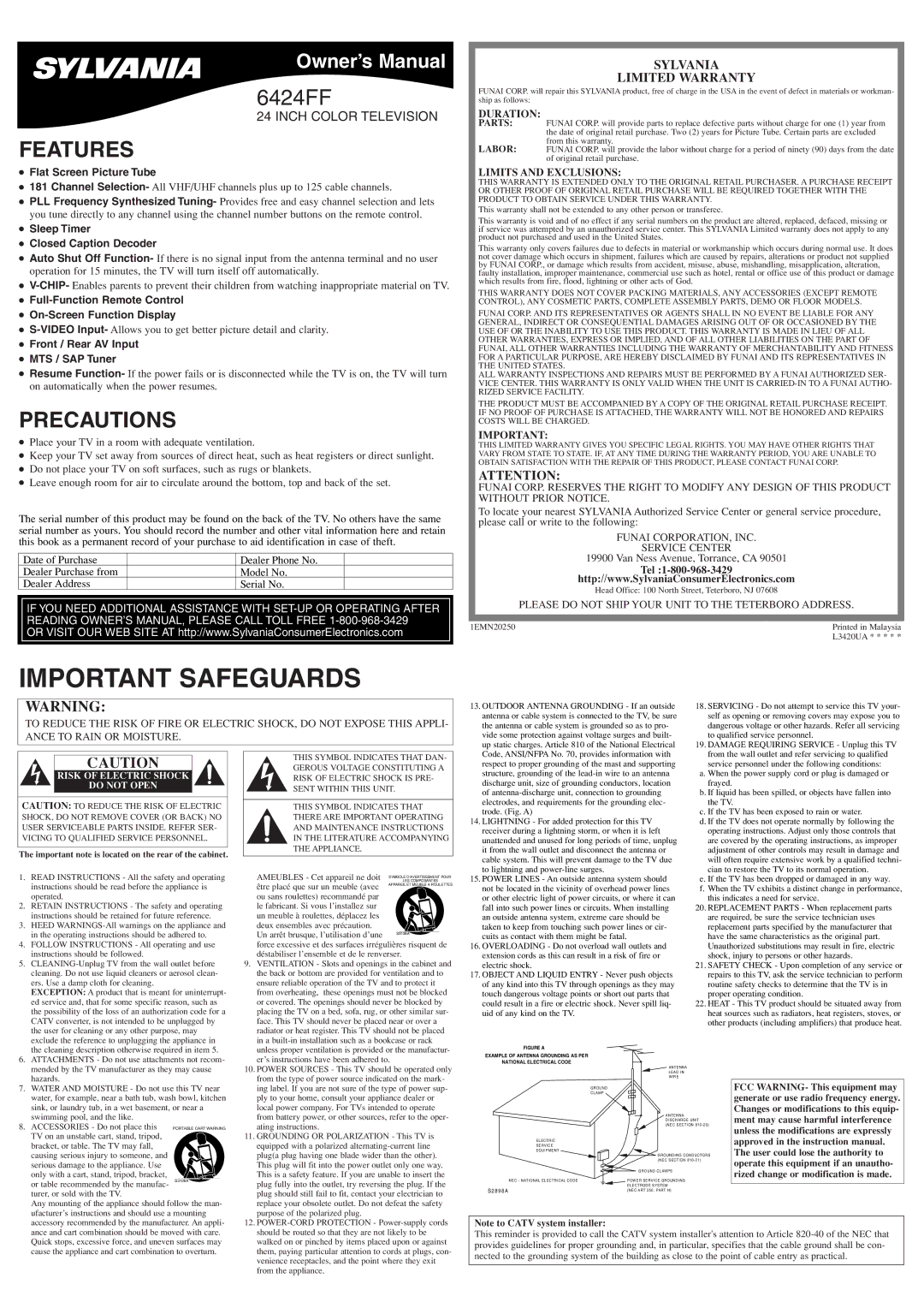 Sylvania 6424FF owner manual Features, Precautions, Sylvania Limited Warranty 