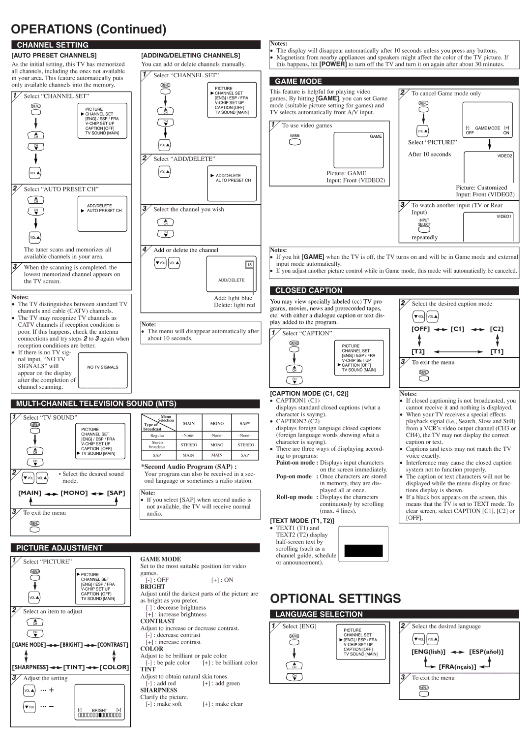 Sylvania 6424FF owner manual Operations, Optional Settings 