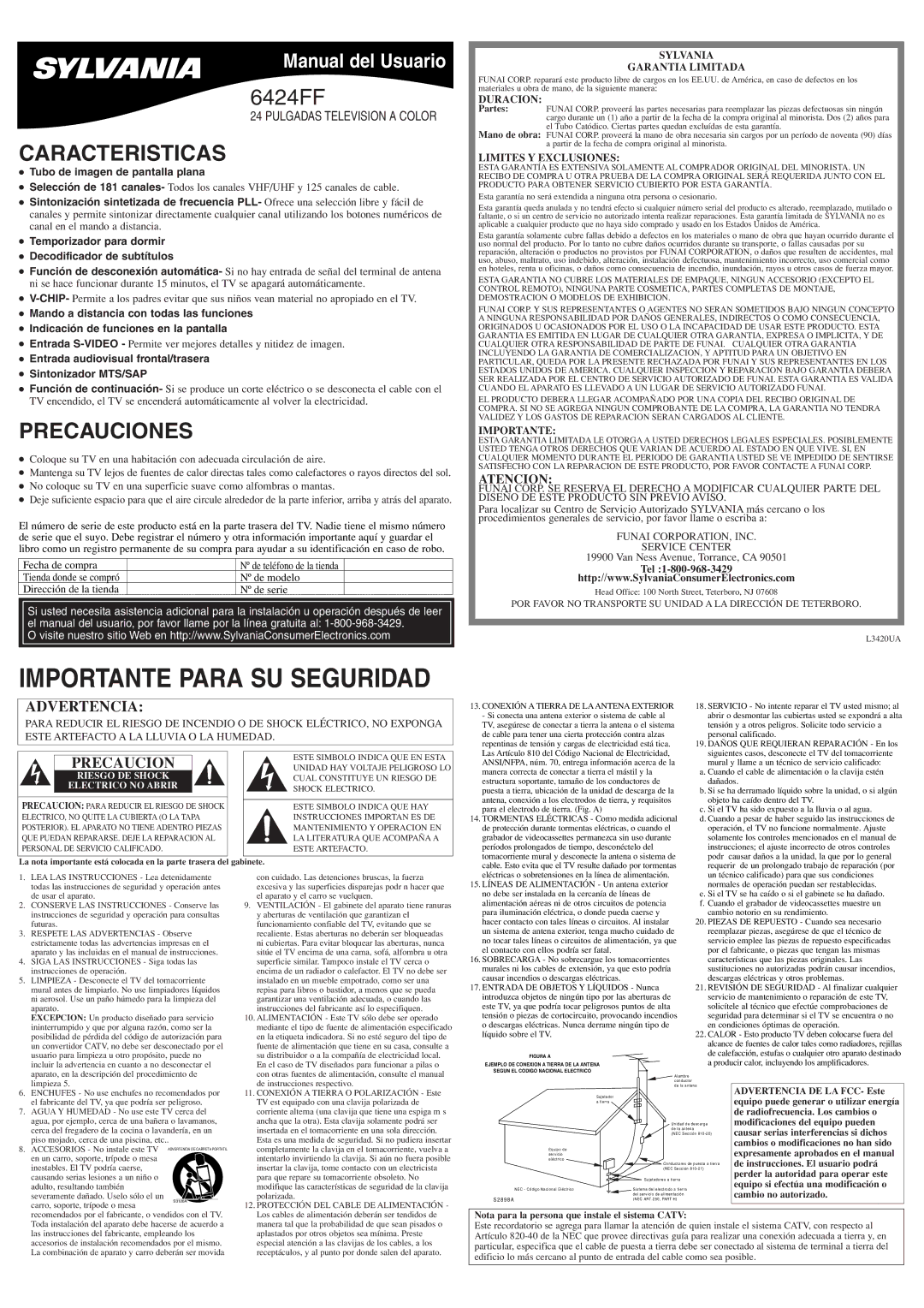 Sylvania 6424FF owner manual Caracteristicas, Precauciones, Atencion, Tubo de imagen de pantalla plana 