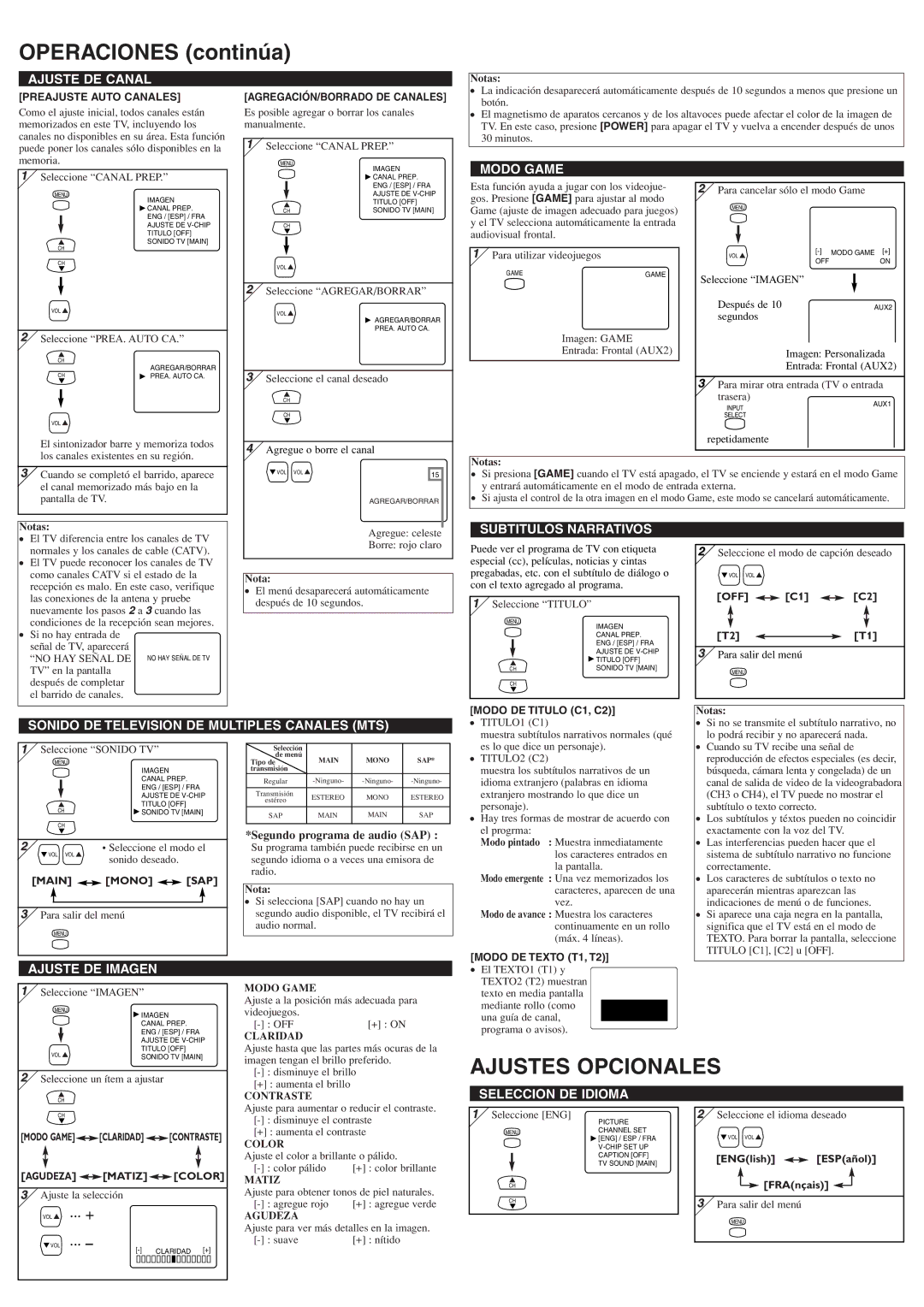 Sylvania 6424FF owner manual Operaciones continúa, Ajustes Opcionales 