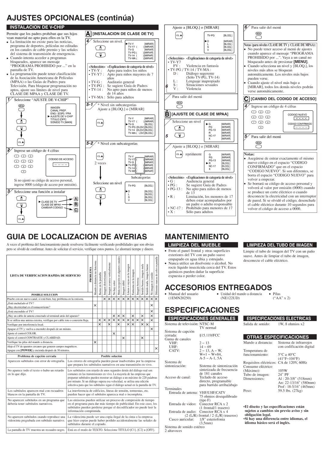 Sylvania 6424FF Ajustes Opcionales continúa, Guia DE Localizacion DE Averias, Mantenimiento, Accesorios Entregados 