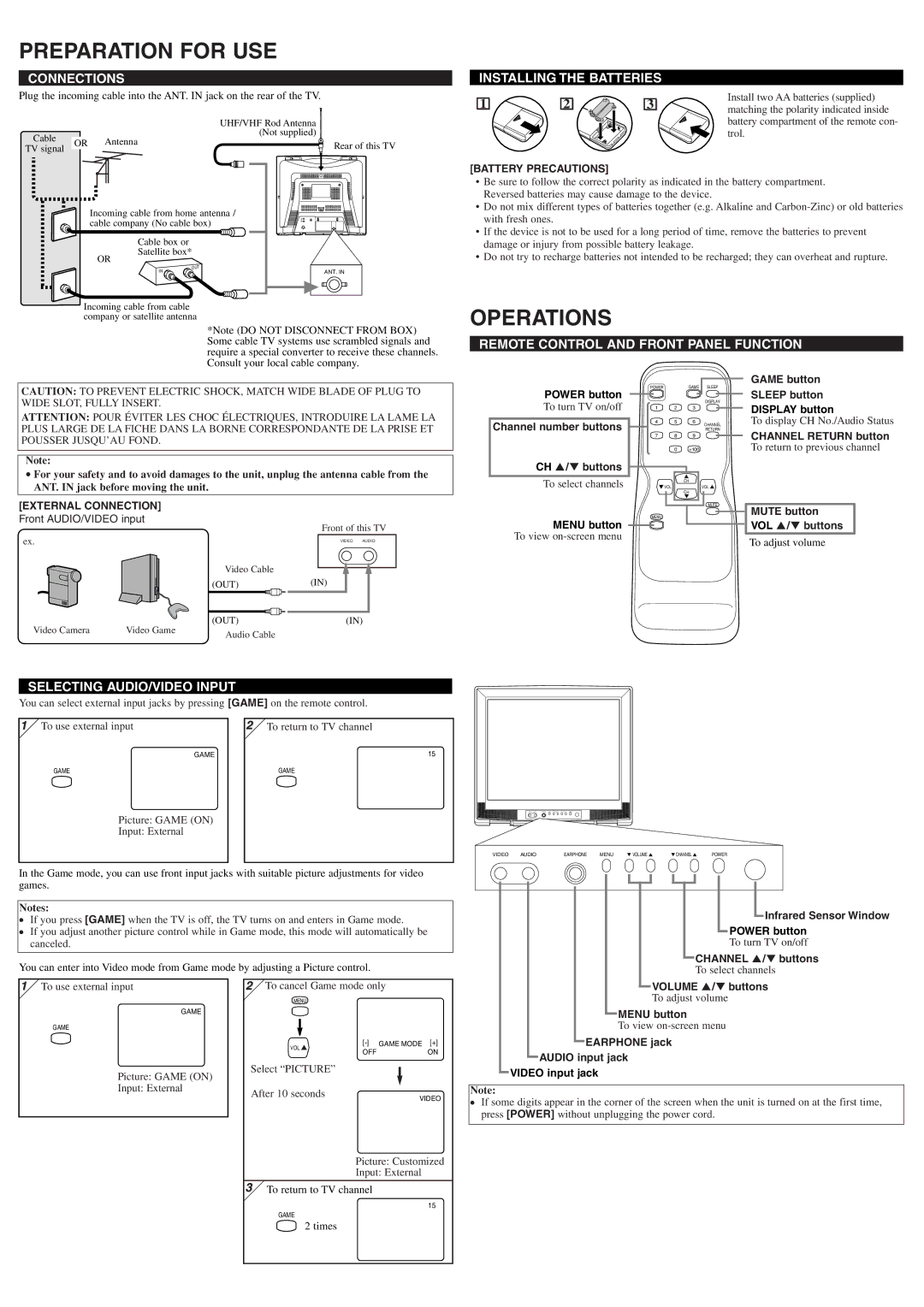 Sylvania 6424TF owner manual Preparation for USE, Operations 