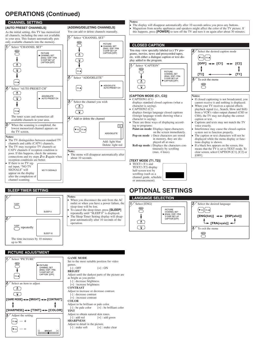 Sylvania 6424TF owner manual Operations, Optional Settings 