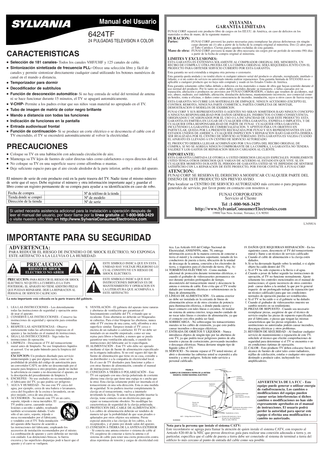 Sylvania 6424TF owner manual Caracteristicas, Precauciones, Sylvania Garantia Limitada, Atencion 