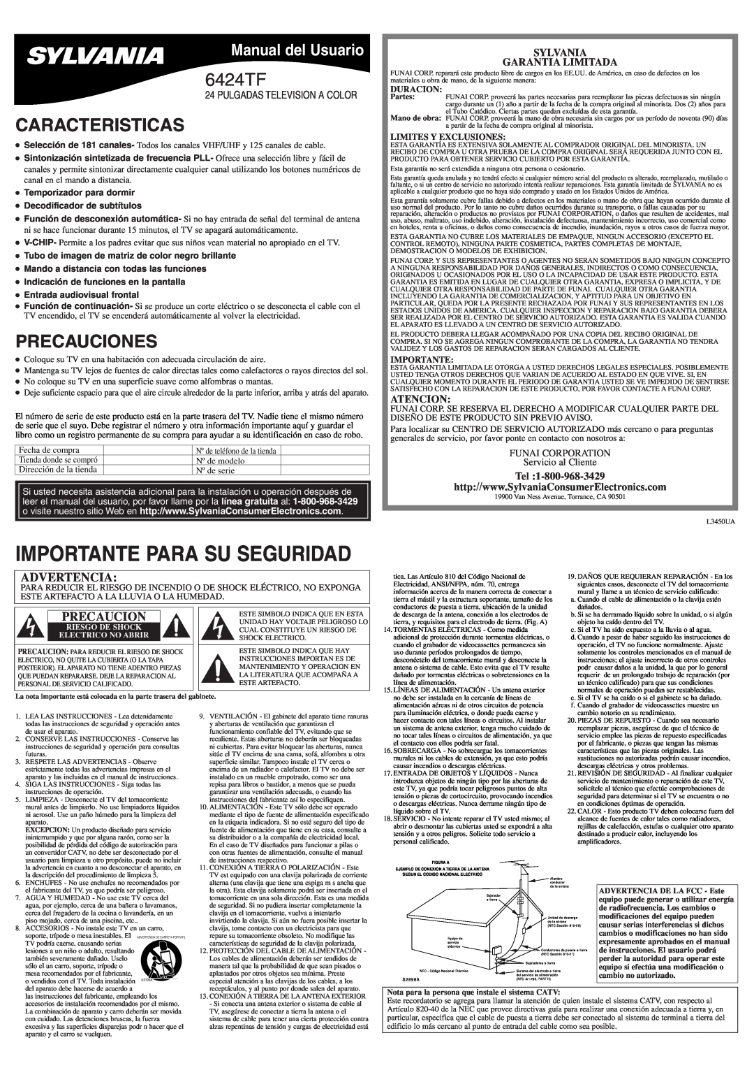 Sylvania 6424TF Caracteristicas, Precauciones, Manual del Usuario, Sylvania Garantia Limitada, Atencion, Duracion 