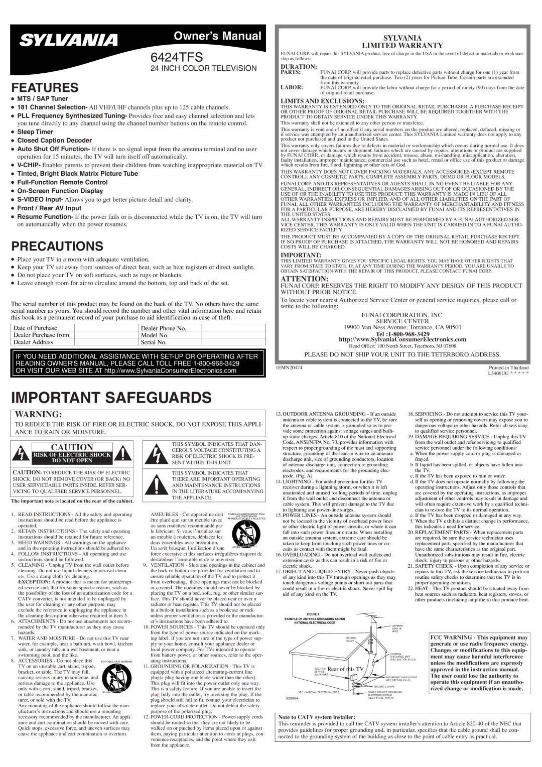 Sylvania 6424TFS owner manual Features, Precautions, Sylvania Limited Warranty 