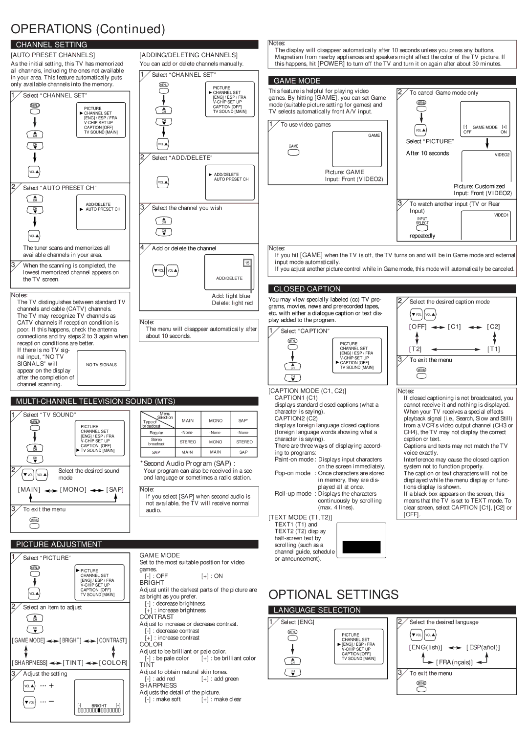 Sylvania 6424TFS owner manual Operations, Optional Settings 