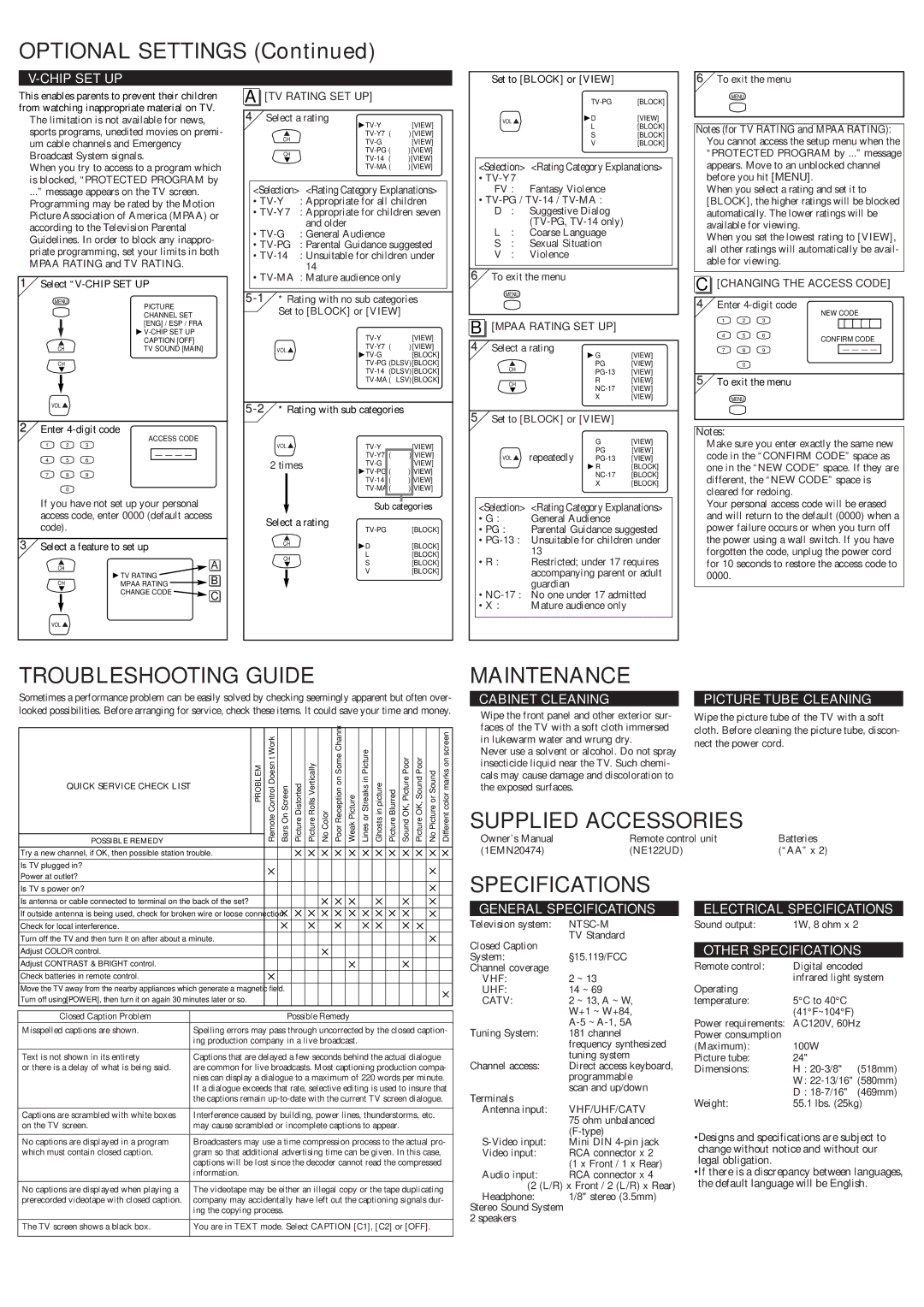 Sylvania 6424TFS owner manual Optional Settings, Troubleshooting Guide, Maintenance, Specifications 