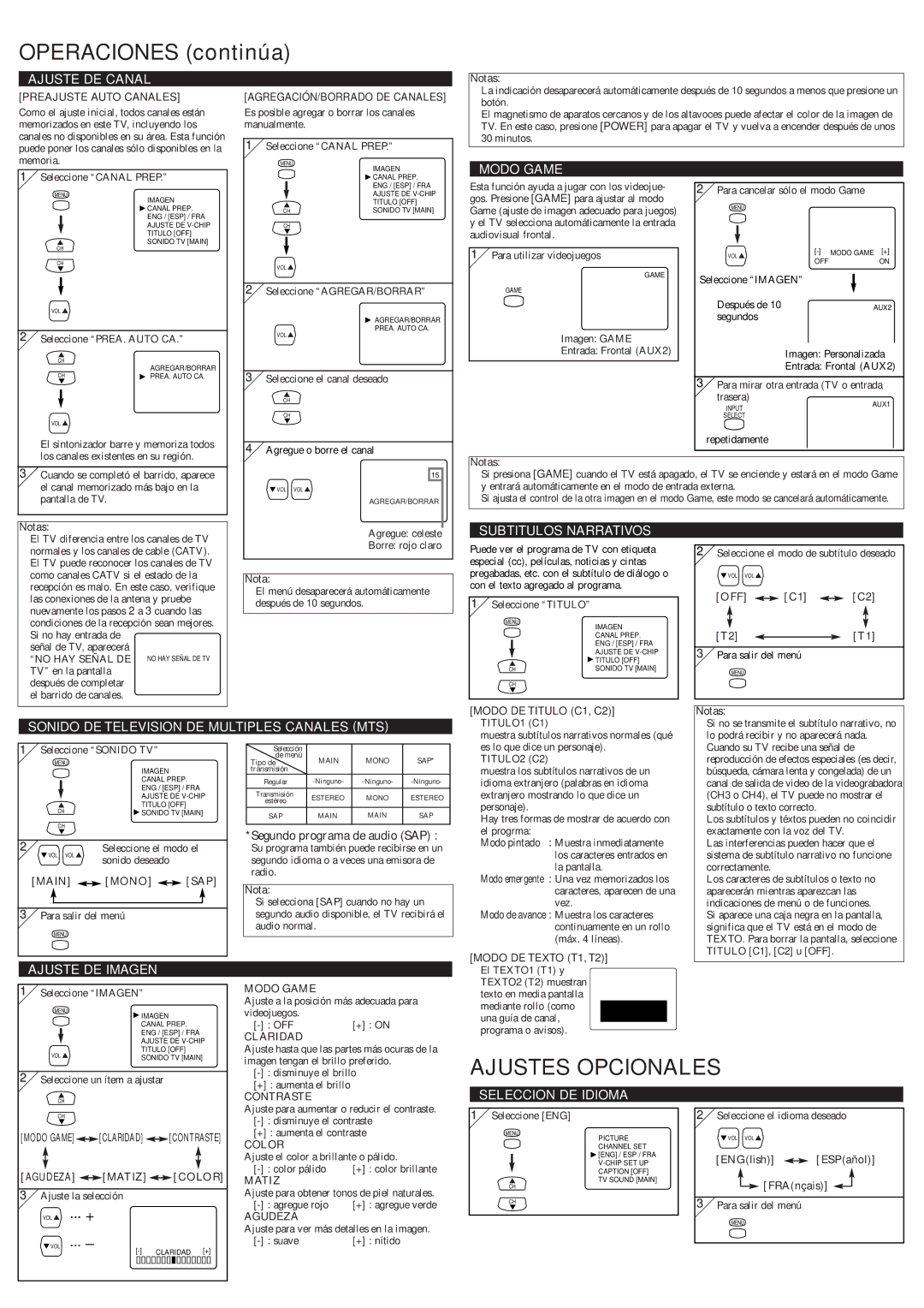 Sylvania 6424TFS owner manual Operaciones continúa, Ajustes Opcionales 