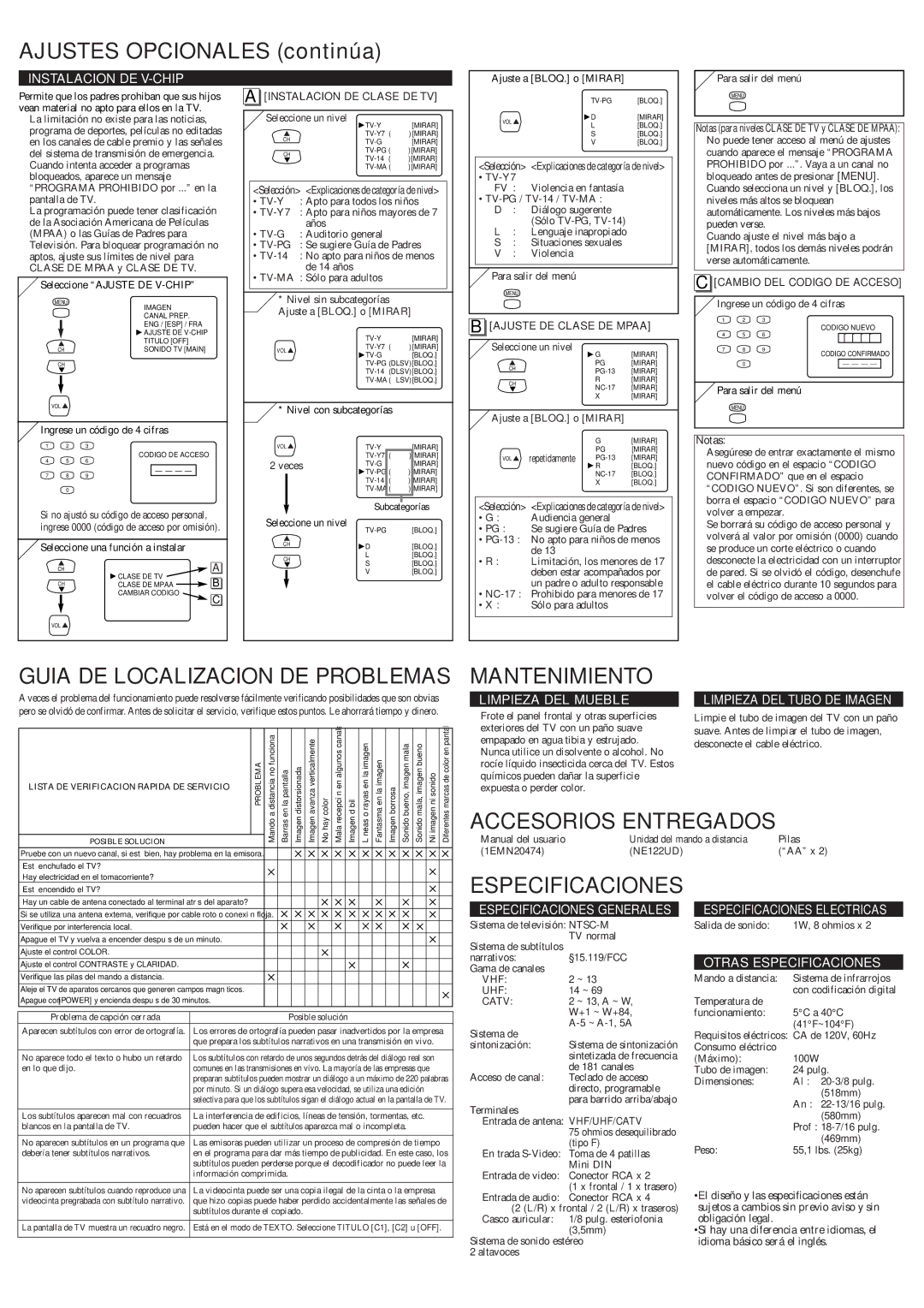 Sylvania 6424TFS Ajustes Opcionales continúa, Guia DE Localizacion DE Problemas, Mantenimiento, Accesorios Entregados 