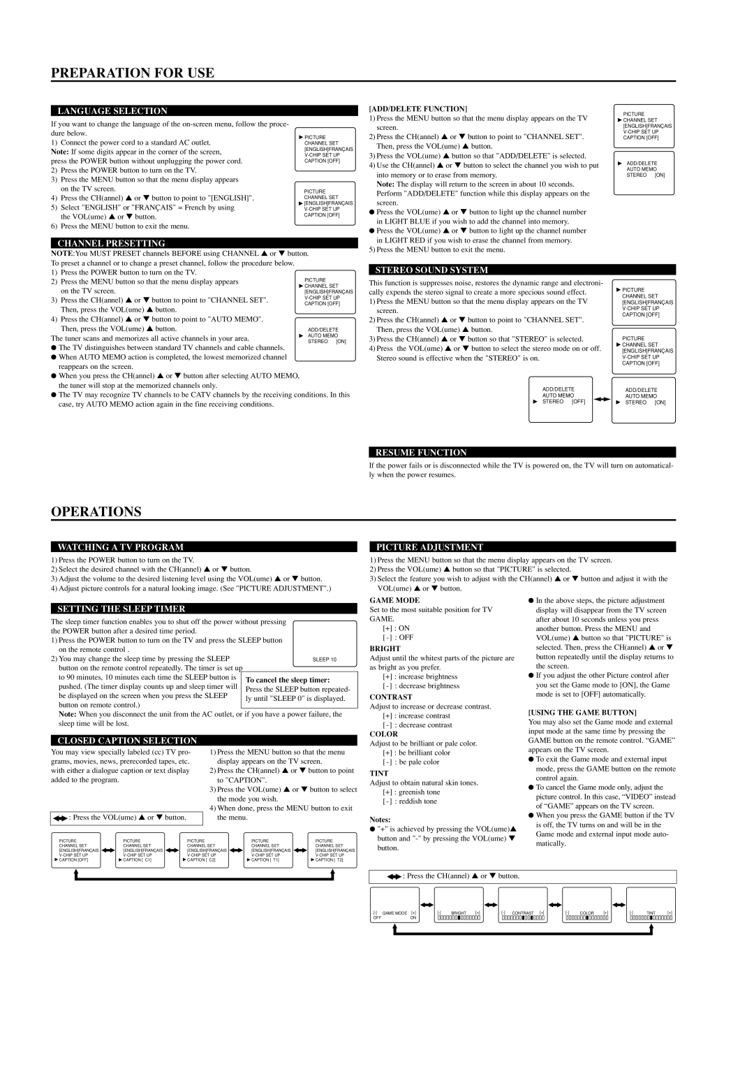 Sylvania 6427CTB owner manual Preparation for USE, Operations 