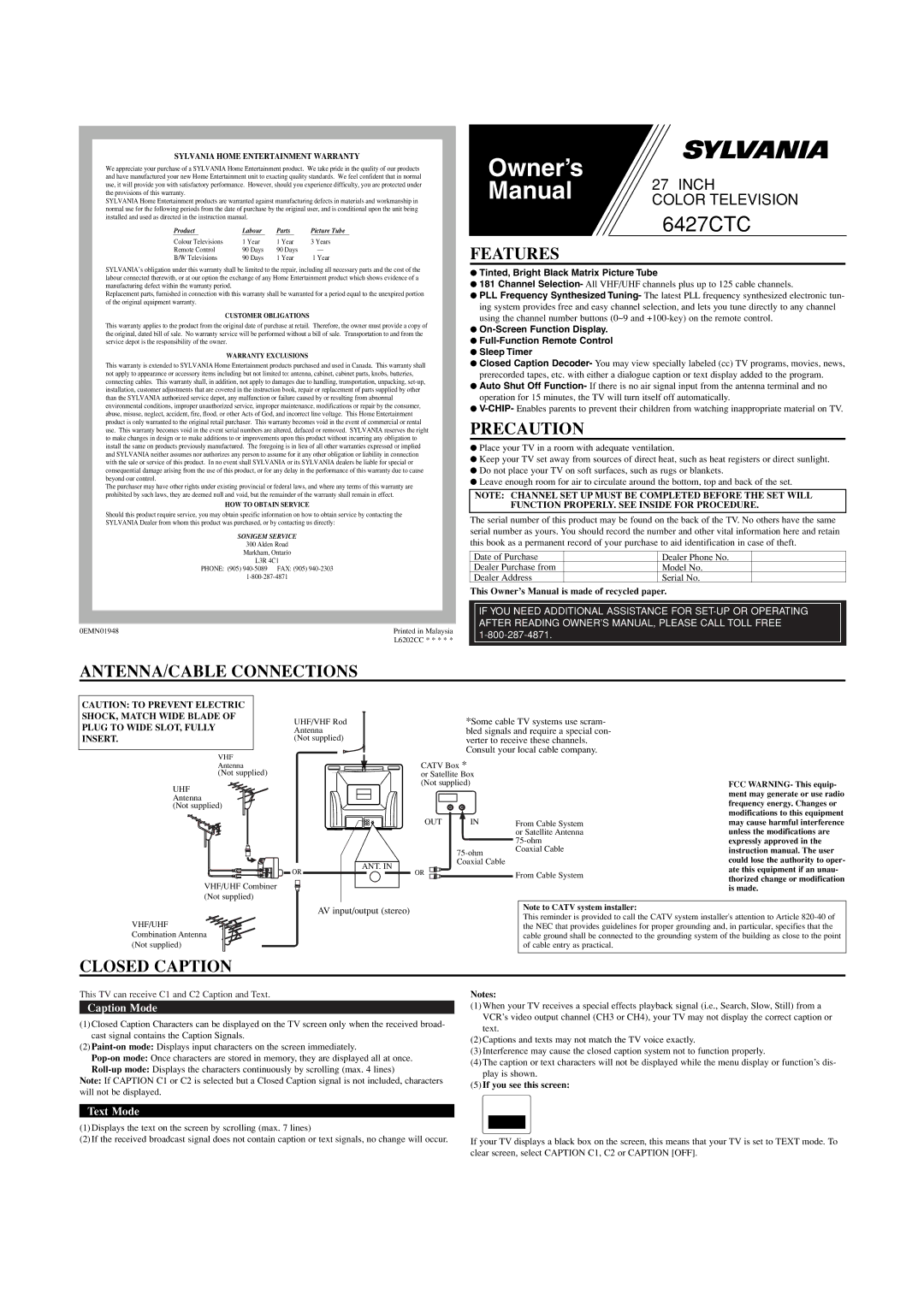 Sylvania 6427CTC owner manual Features, Precaution, ANTENNA/CABLE Connections, Closed Caption 