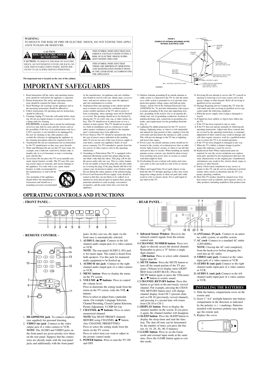 Sylvania 6427CTC owner manual Operating Controls and Functions, Installing the Batteries 