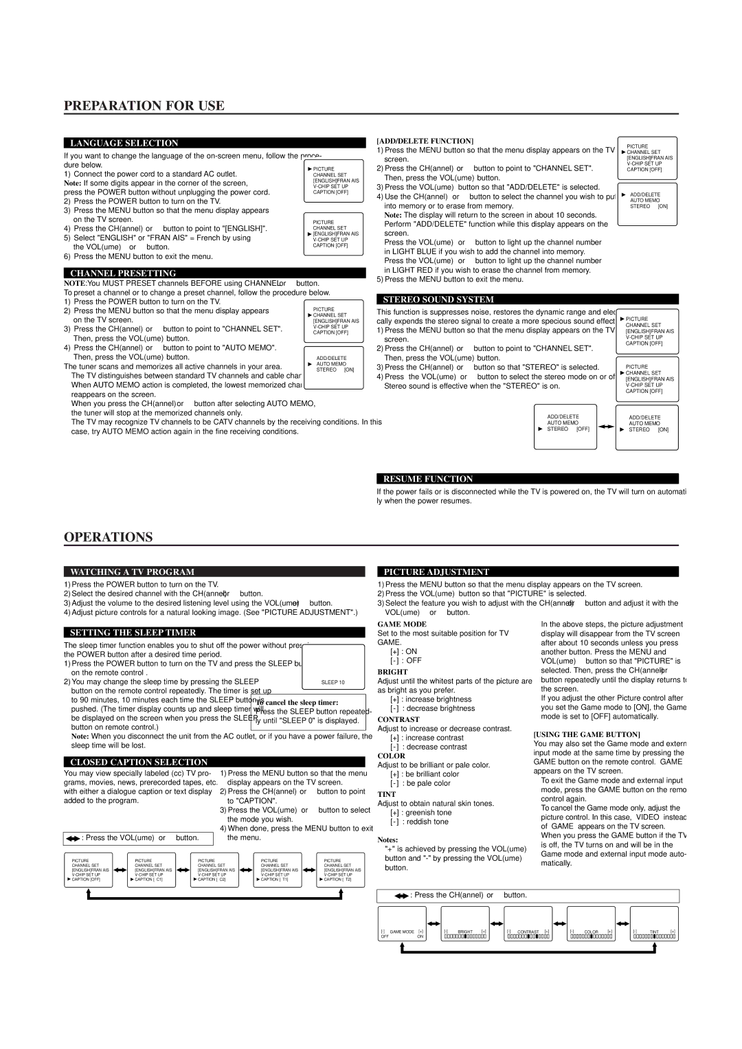 Sylvania 6427CTC owner manual Preparation for USE, Operations 