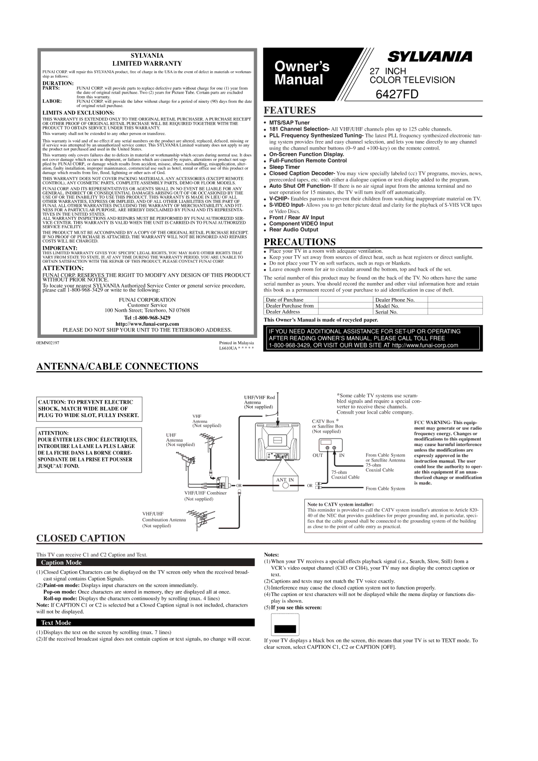 Sylvania 6427FD owner manual Features, Precautions, ANTENNA/CABLE Connections, Closed Caption 