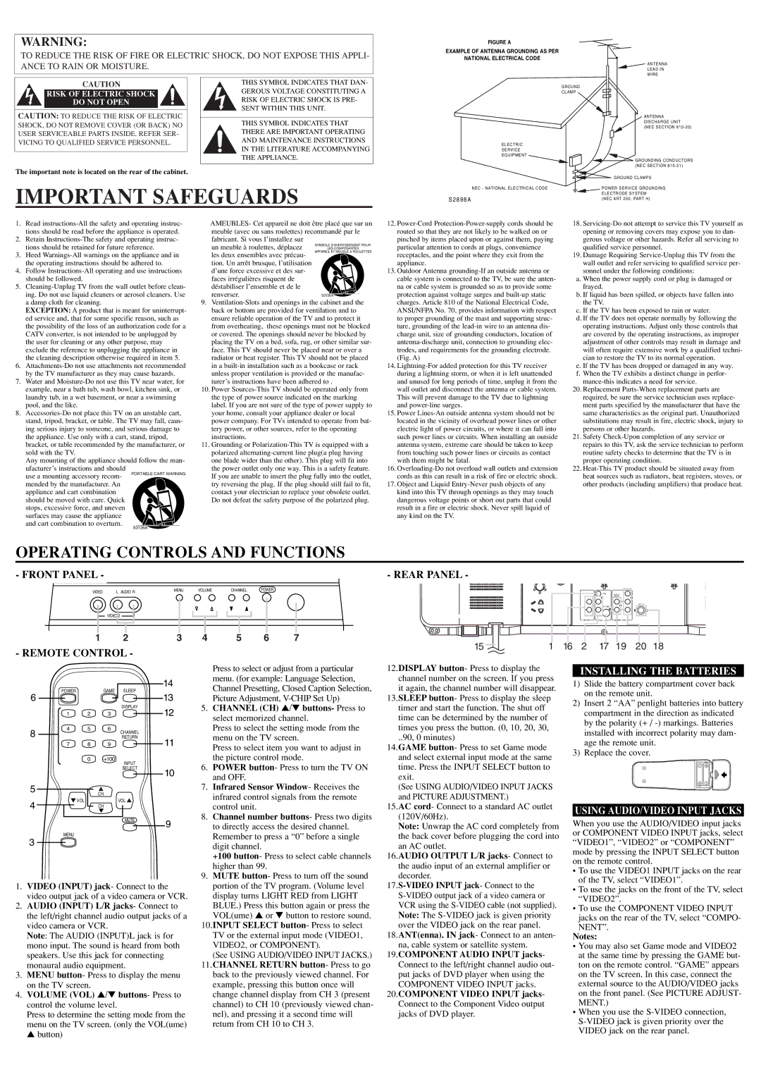 Sylvania 6427FE Important Safeguards, Rear Panel, Remote Control, Installing the Batteries, Using AUDIO/VIDEO Input Jacks 