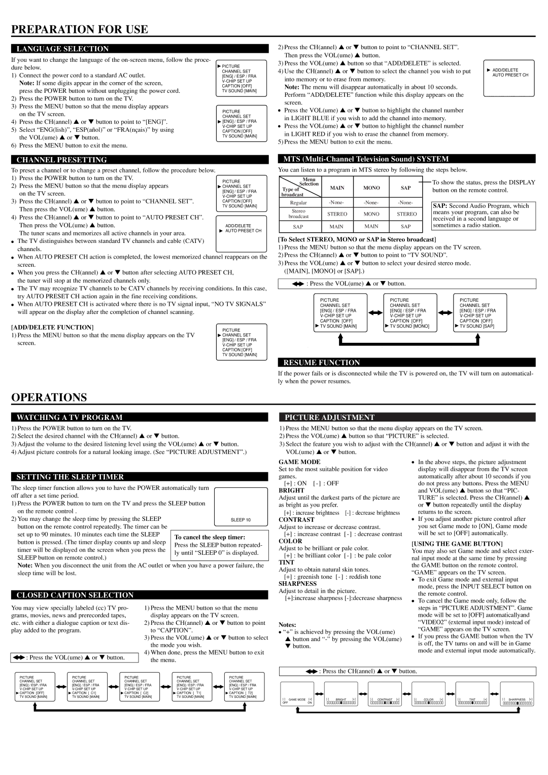 Sylvania 6427FE owner manual Preparation for USE, Operations 