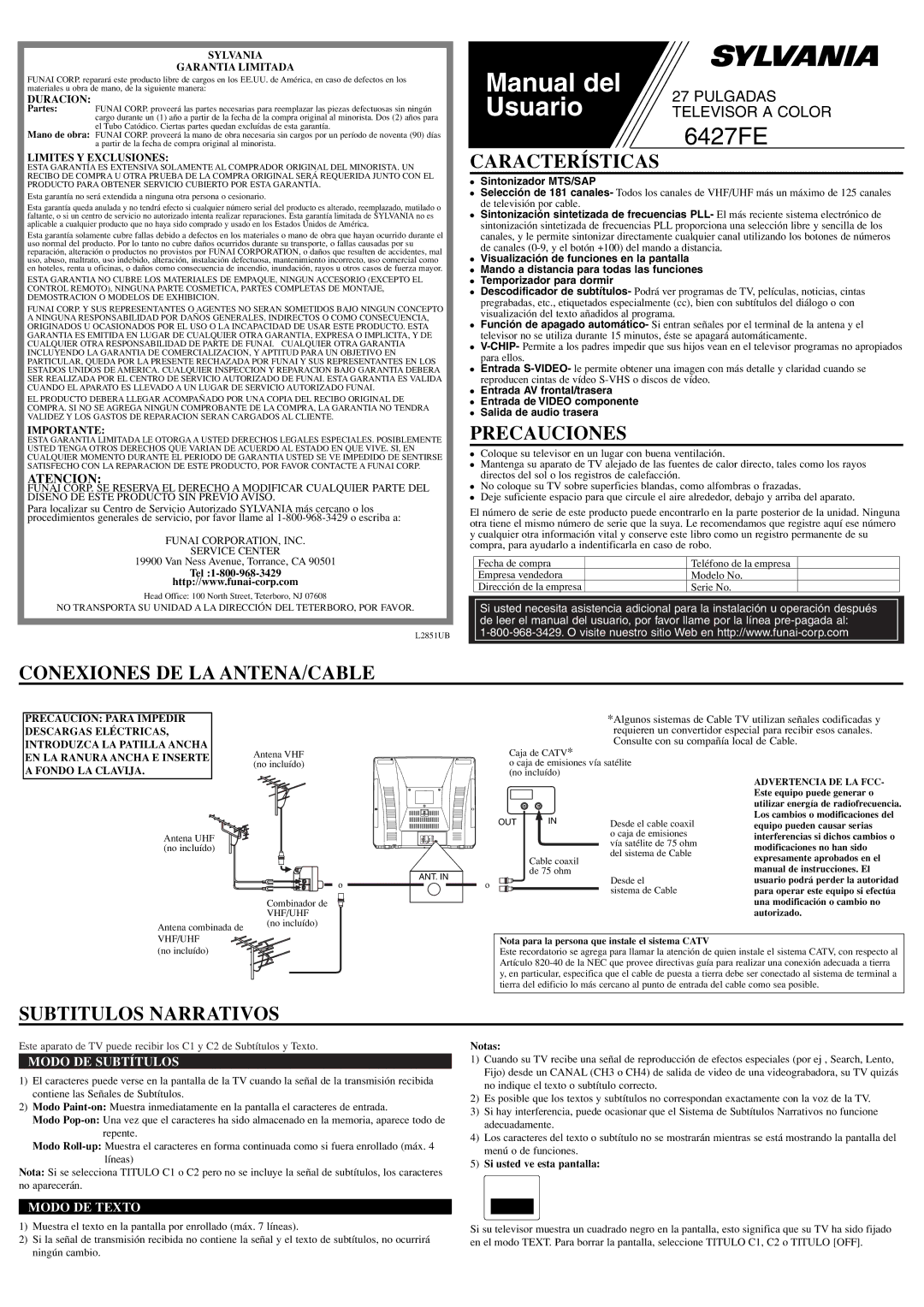 Sylvania 6427FE owner manual Características, Precauciones, Conexiones DE LA ANTENA/CABLE, Subtitulos Narrativos 