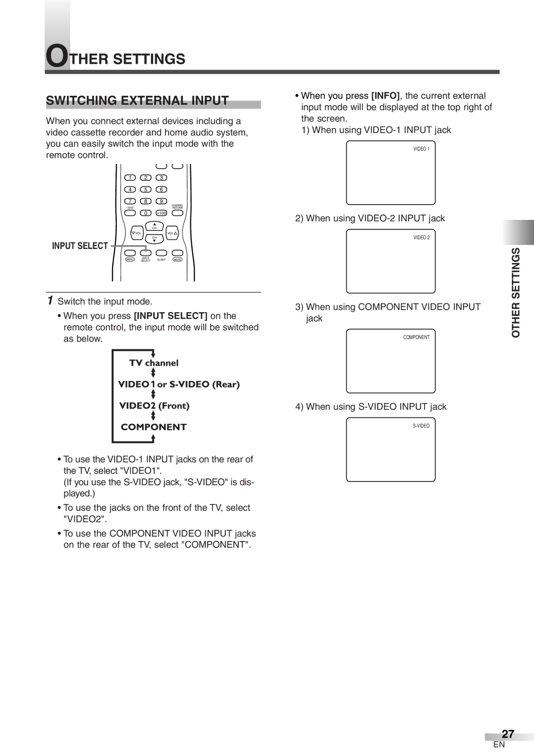 Sylvania 6427GFF owner manual Other Settings, Switching External Input, Input Select 