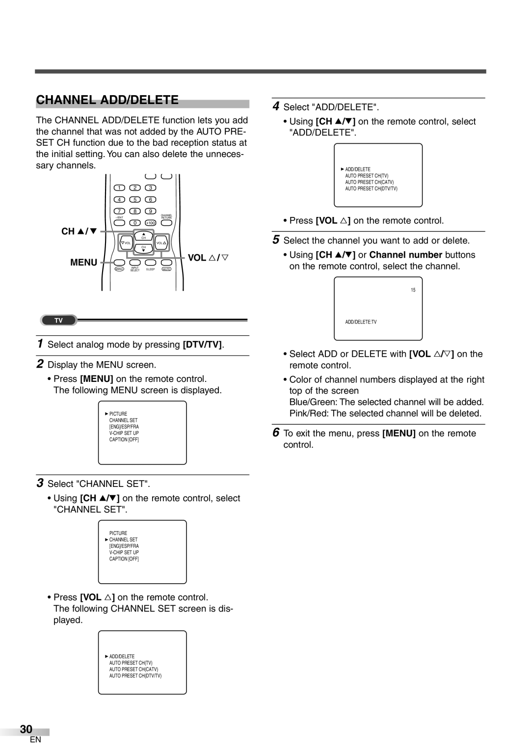 Sylvania 6427GFF owner manual Channel ADD/DELETE, Vol X / Y 