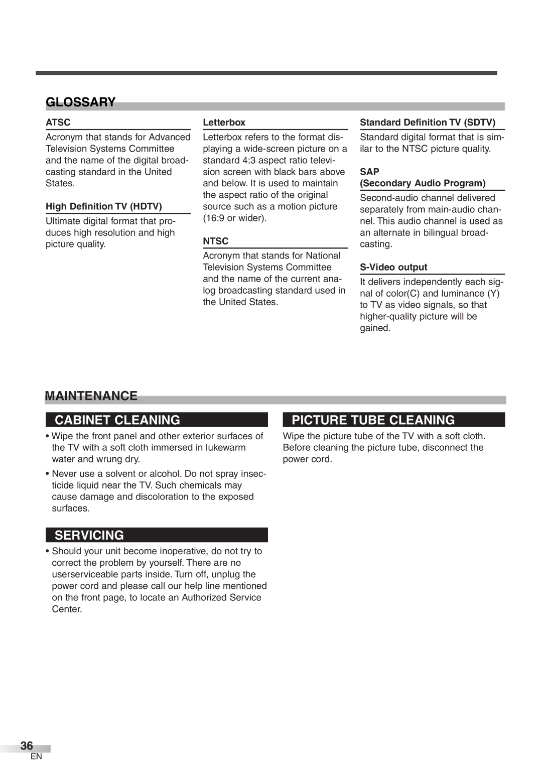 Sylvania 6427GFF owner manual Glossary, Maintenance, Atsc, Ntsc, Sap 