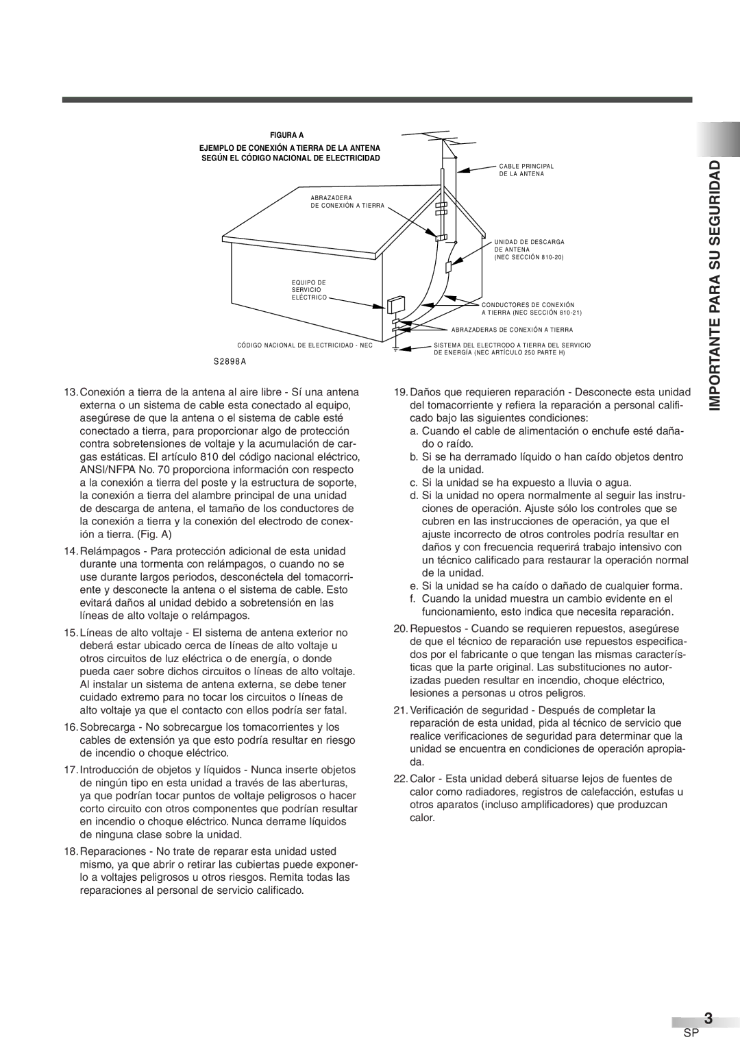 Sylvania 6427GFF owner manual Importante Para SU Seguridad, Según EL Código Nacional DE Electricidad 