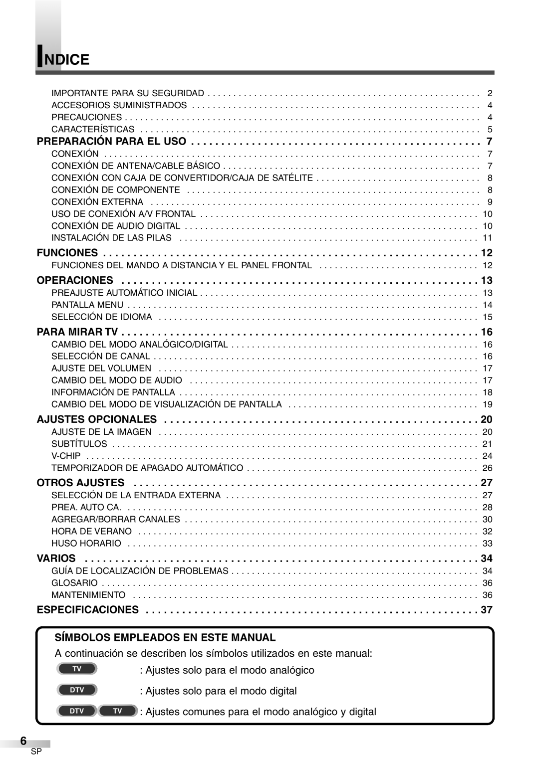 Sylvania 6427GFF owner manual Indice, Ajustes Opcionales, Símbolos Empleados EN Este Manual 