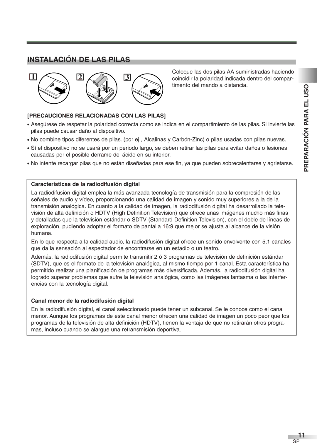 Sylvania 6427GFF Instalación DE LAS Pilas, Timento del mando a distancia, Precauciones Relacionadas CON LAS Pilas 