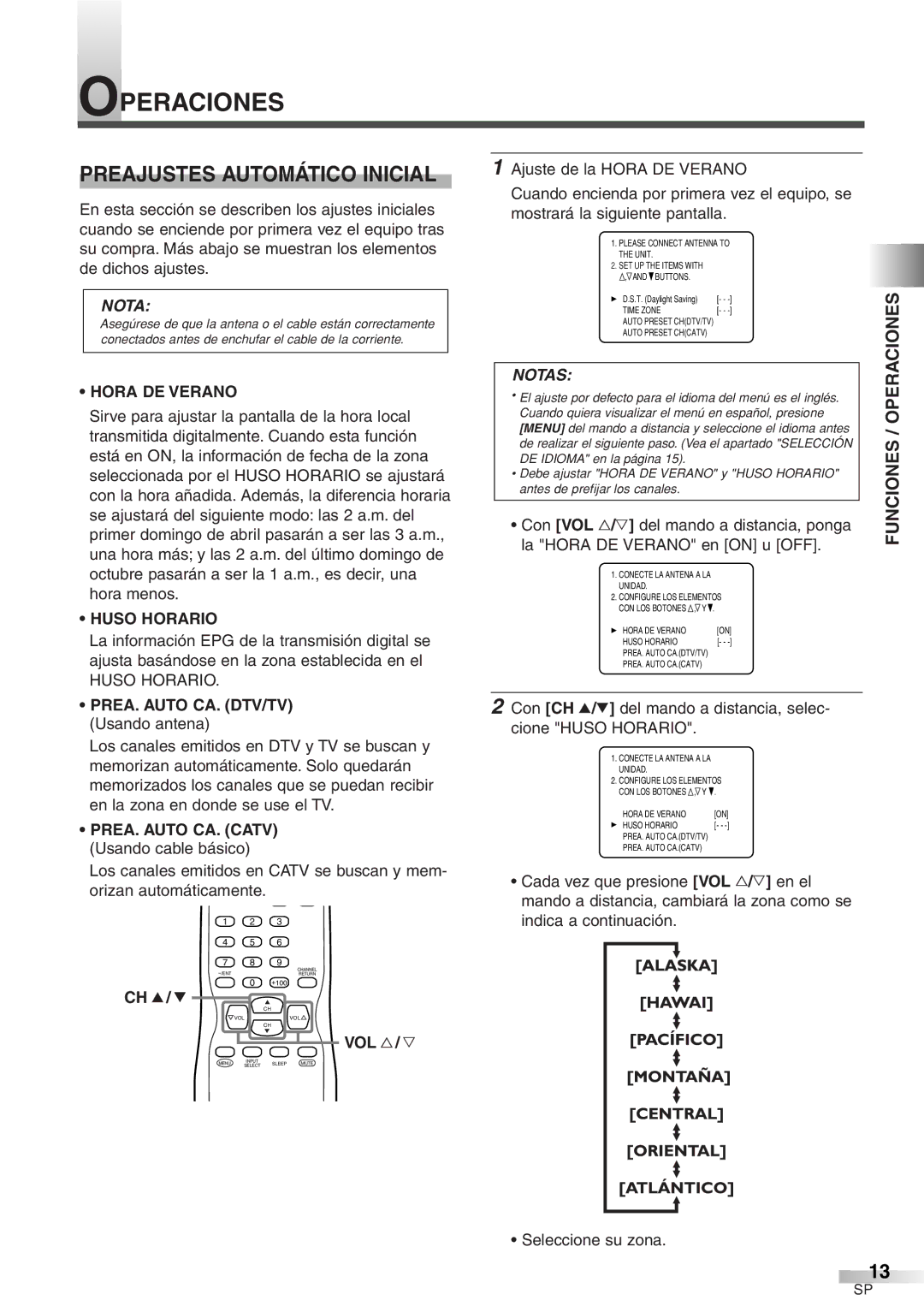 Sylvania 6427GFF owner manual Operaciones, Preajustes Automático Inicial, Hora DE Verano, Huso Horario 