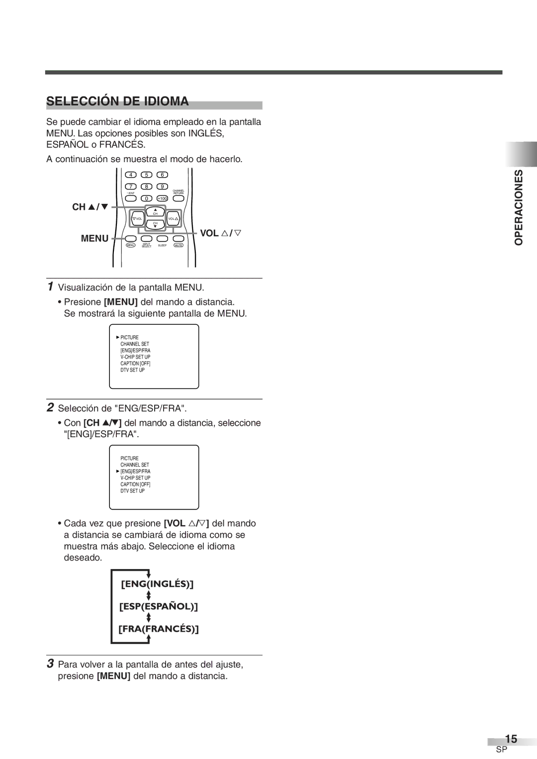 Sylvania 6427GFF owner manual Selección DE Idioma, Operaciones 