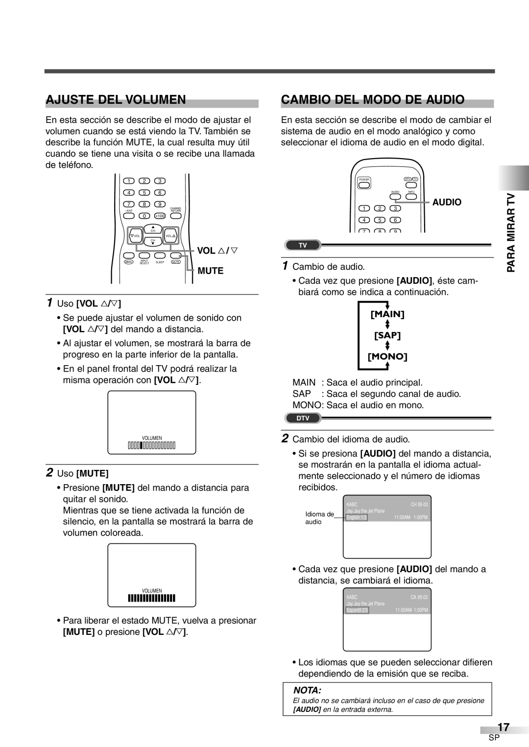 Sylvania 6427GFF owner manual Ajuste DEL Volumen, Cambio DEL Modo DE Audio, Para, Uso VOL X/Y, Uso Mute 