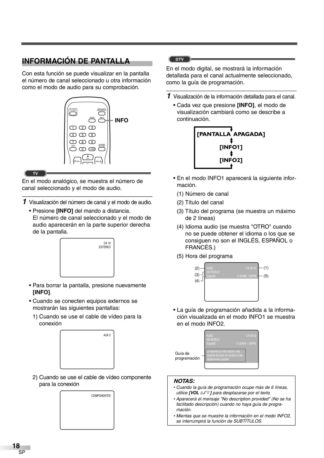 Sylvania 6427GFF owner manual Información DE Pantalla, Cuando se use el cable de vídeo componente para la conexión 