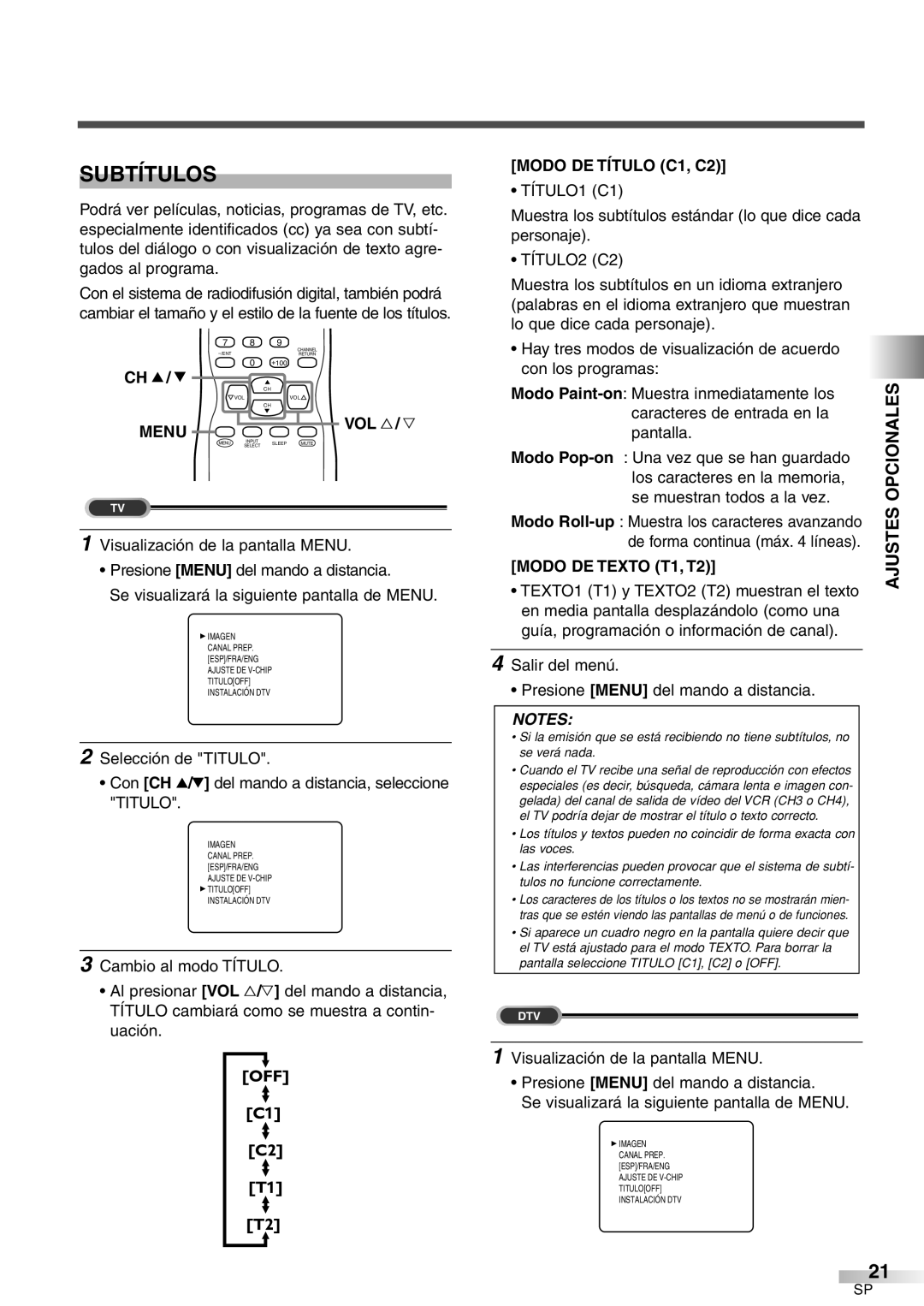 Sylvania 6427GFF Subtítulos, Modo DE Título C1, C2, Modo Roll-up Muestra los caracteres avanzando, Modo DE Texto T1, T2 