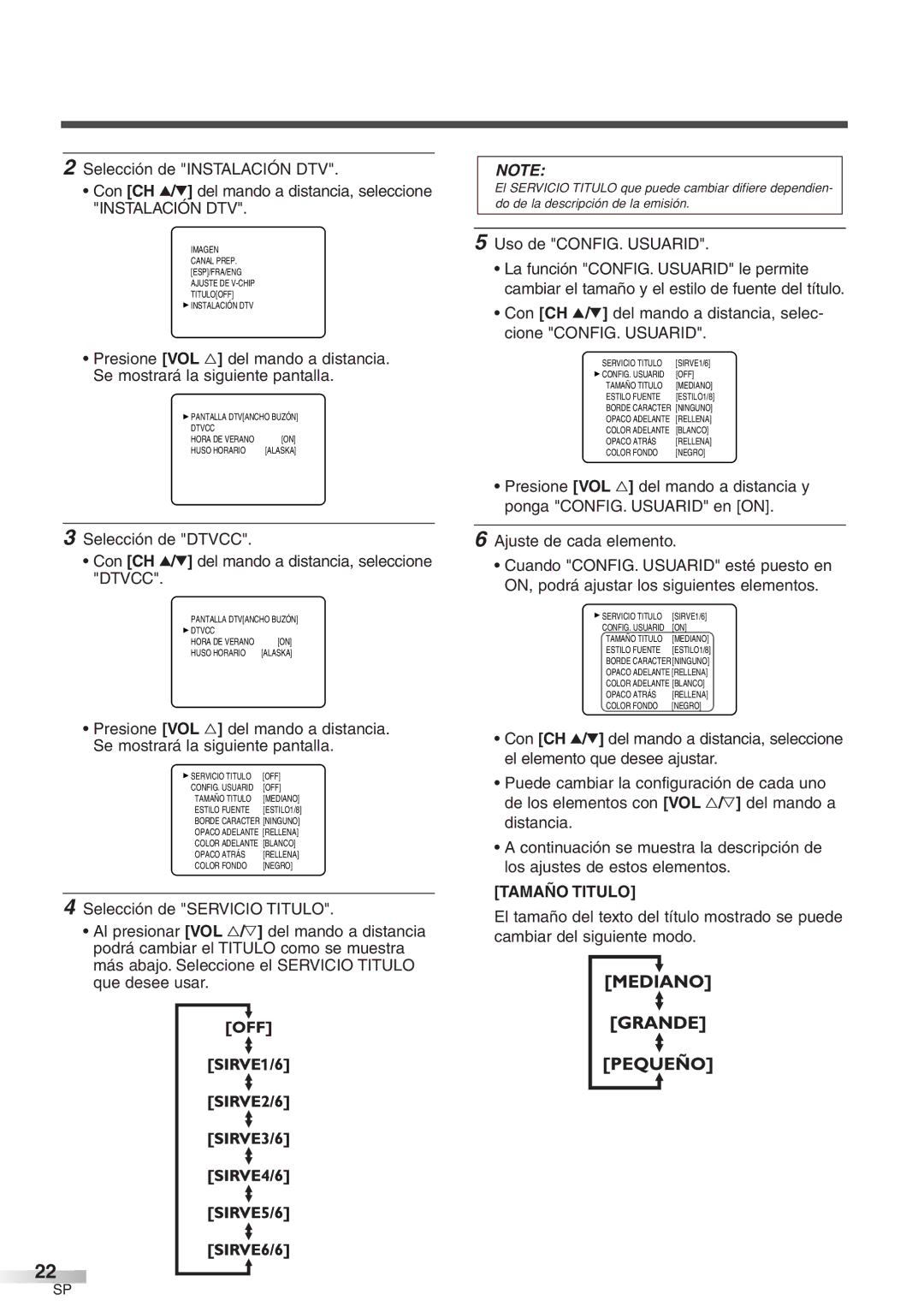 Sylvania 6427GFF owner manual Uso de CONFIG. Usuarid, Tamaño Titulo 