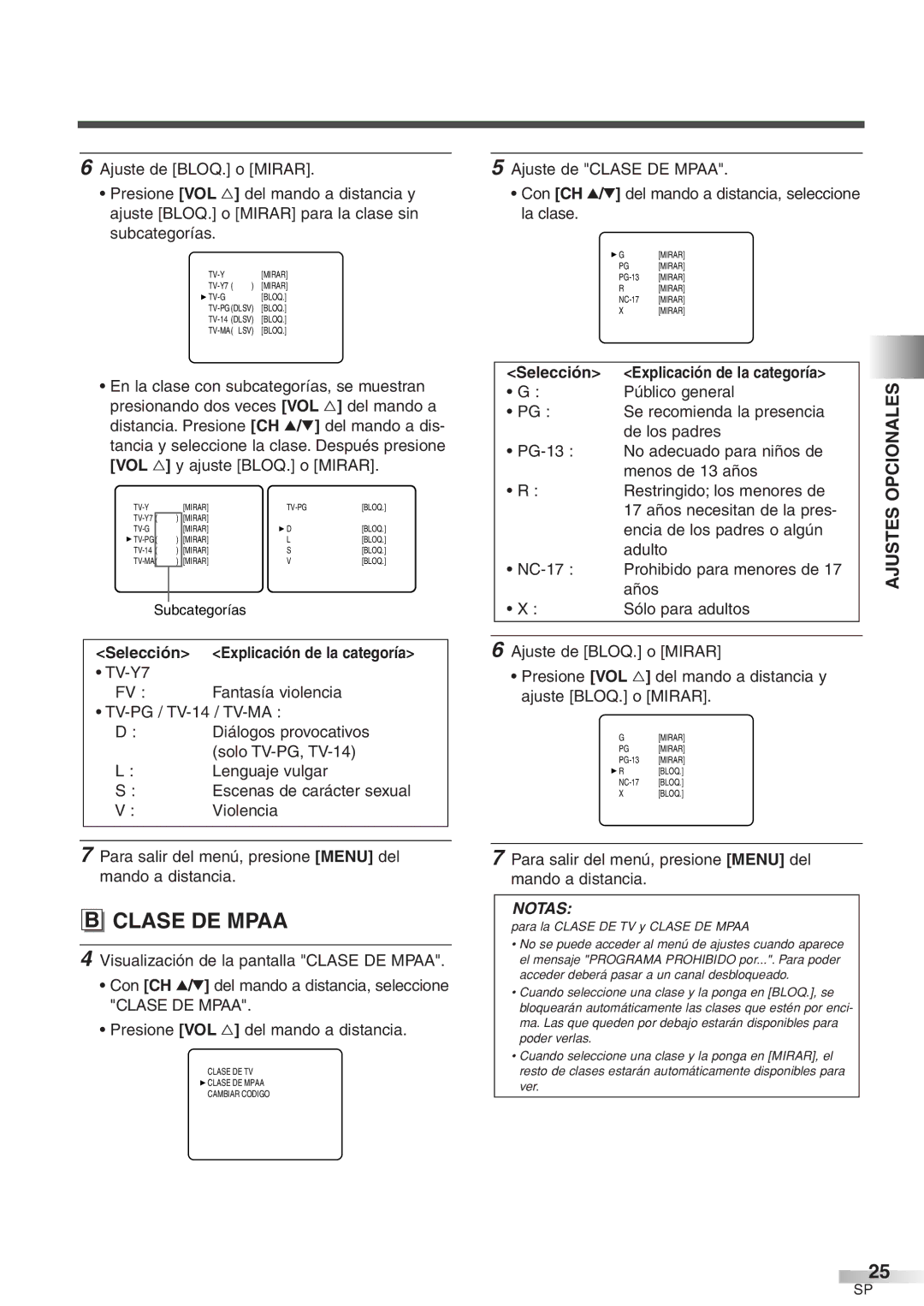 Sylvania 6427GFF owner manual Para la Clase DE TV y Clase DE Mpaa 