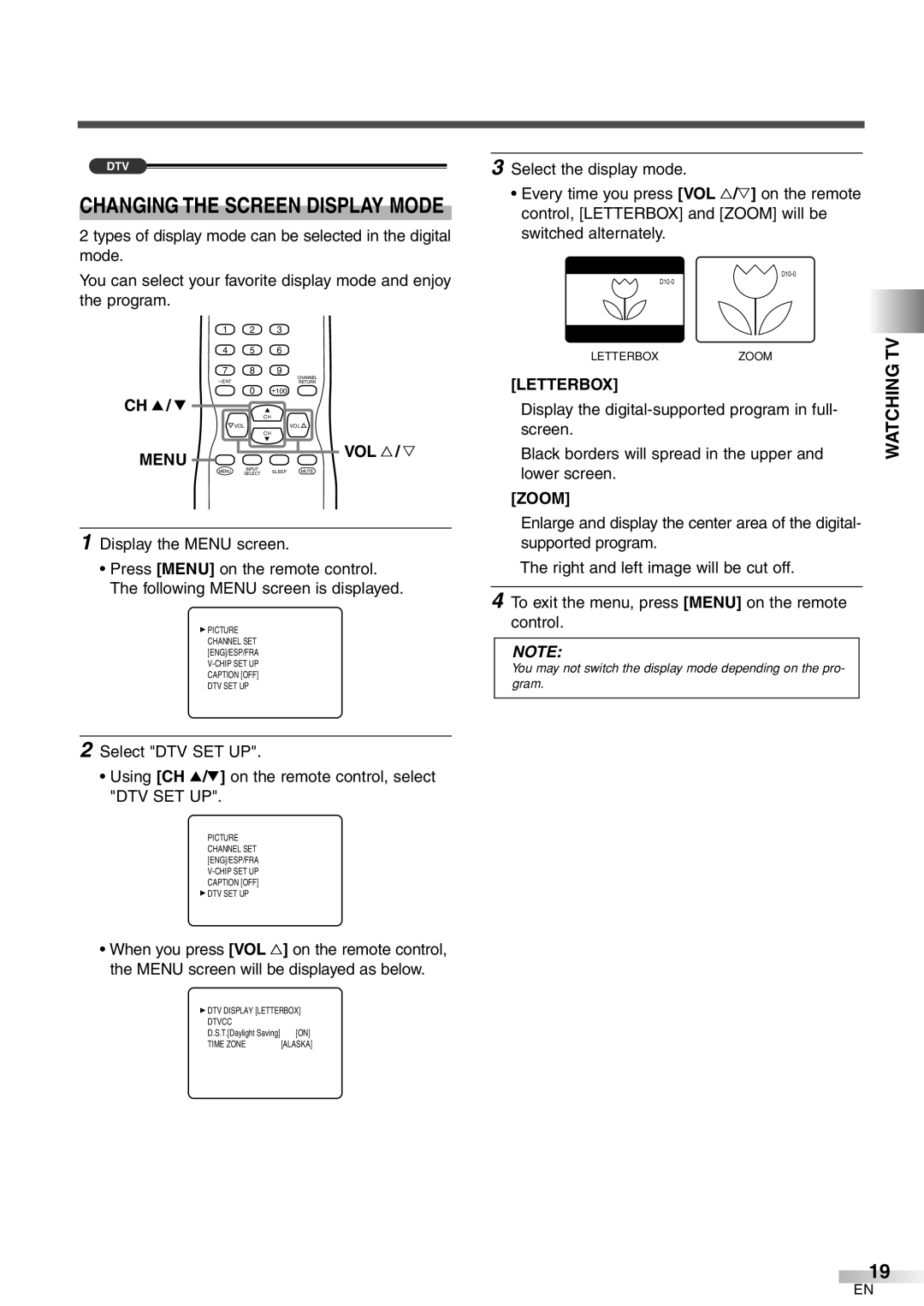 Sylvania 6427GFG A owner manual Watching TV, Menu, Letterbox, Zoom 