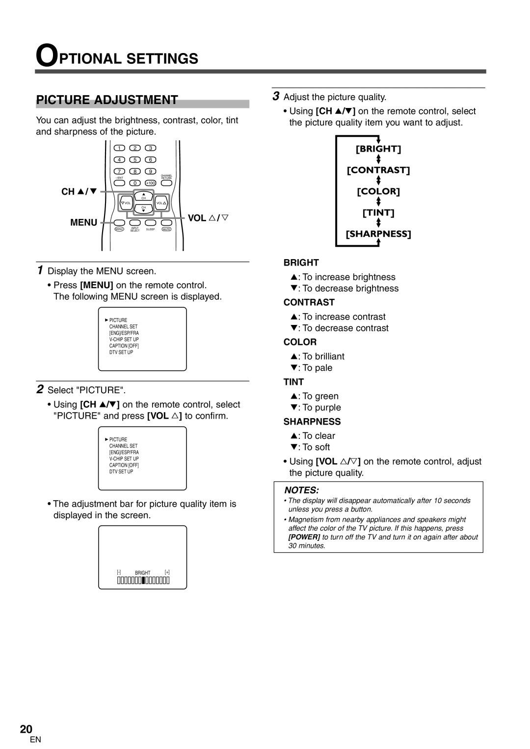 Sylvania 6427GFG A owner manual Optional Settings, Picture Adjustment 