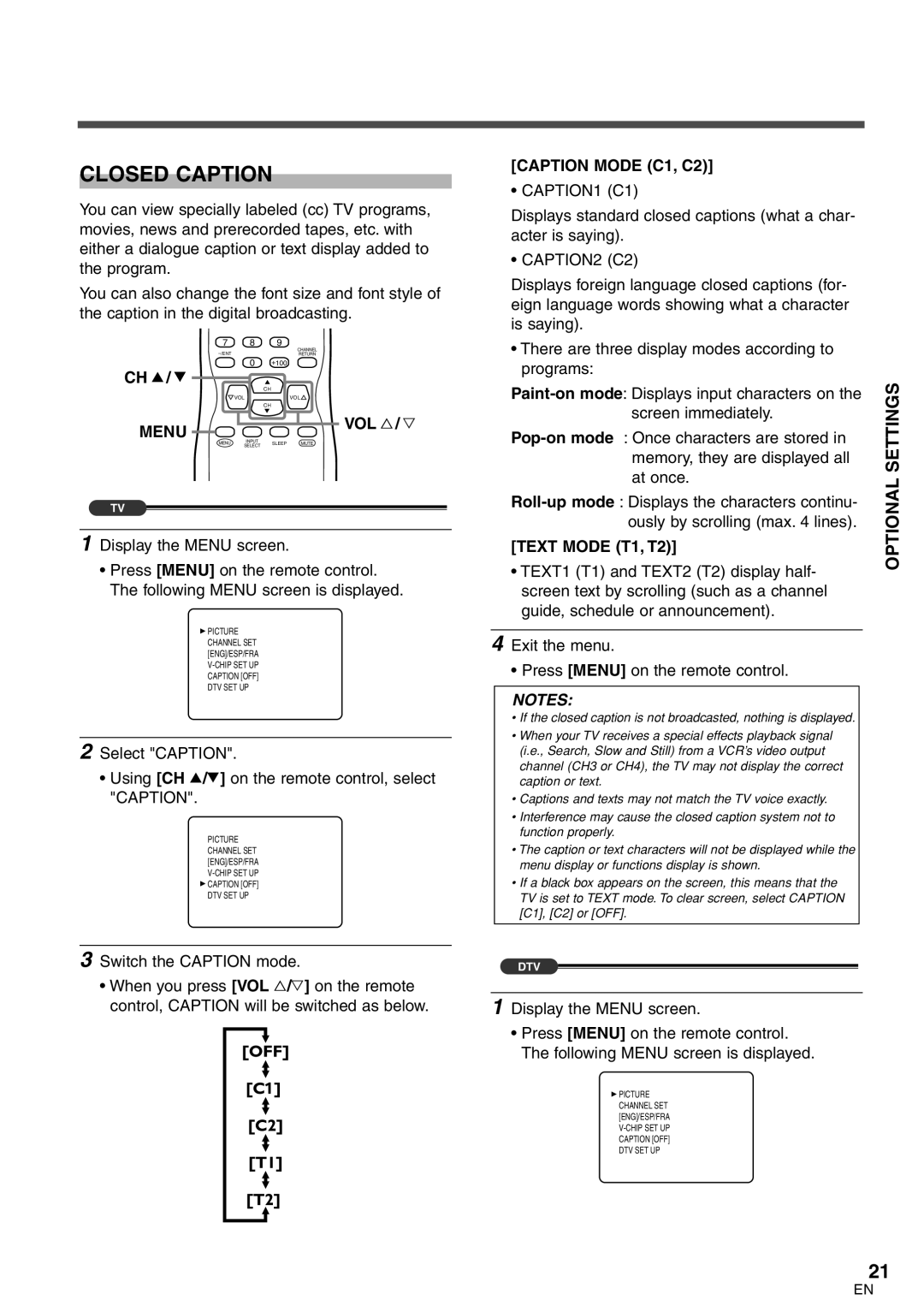 Sylvania 6427GFG A owner manual Closed Caption, Optional Settings, Caption Mode C1, C2, Text Mode T1, T2 