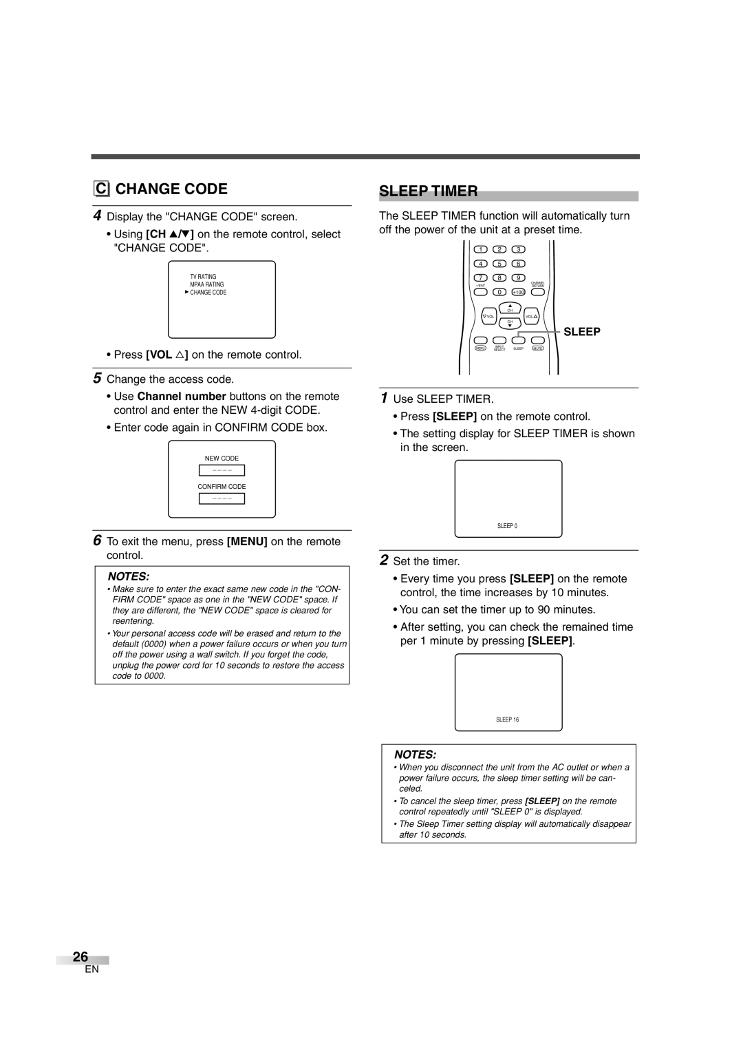 Sylvania 6427GFG A owner manual Change Code, Sleep Timer 