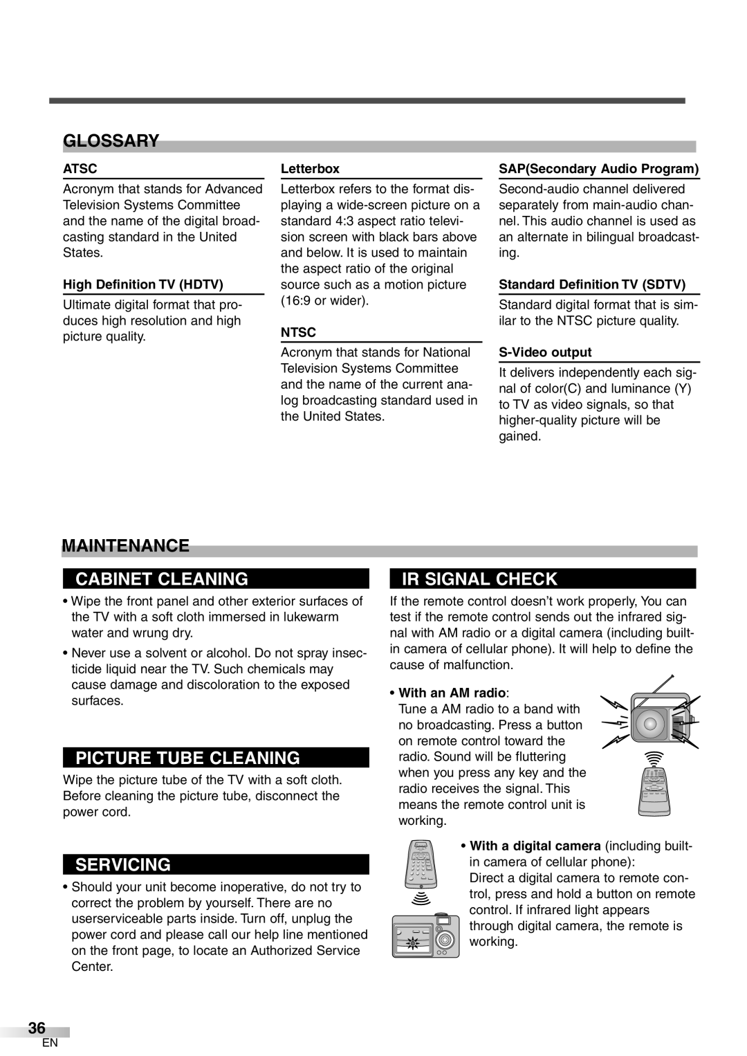 Sylvania 6427GFG A owner manual Glossary, Maintenance, Atsc, Ntsc 