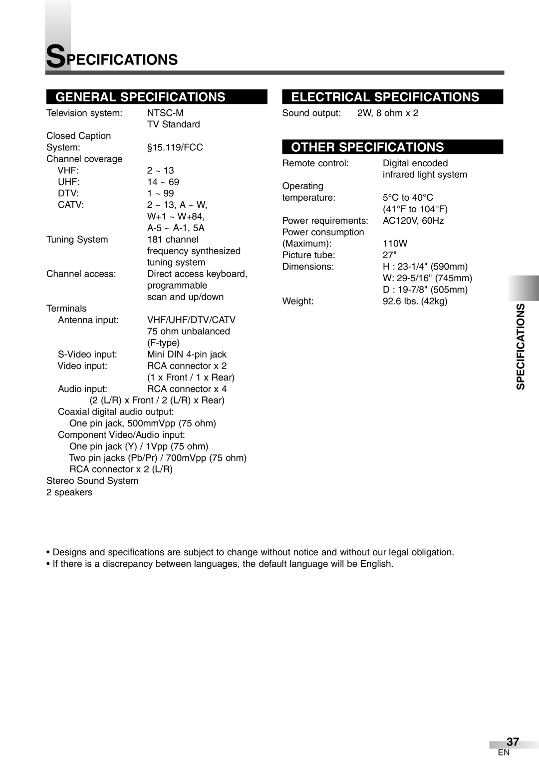 Sylvania 6427GFG A owner manual Specifications, Ntsc-M 