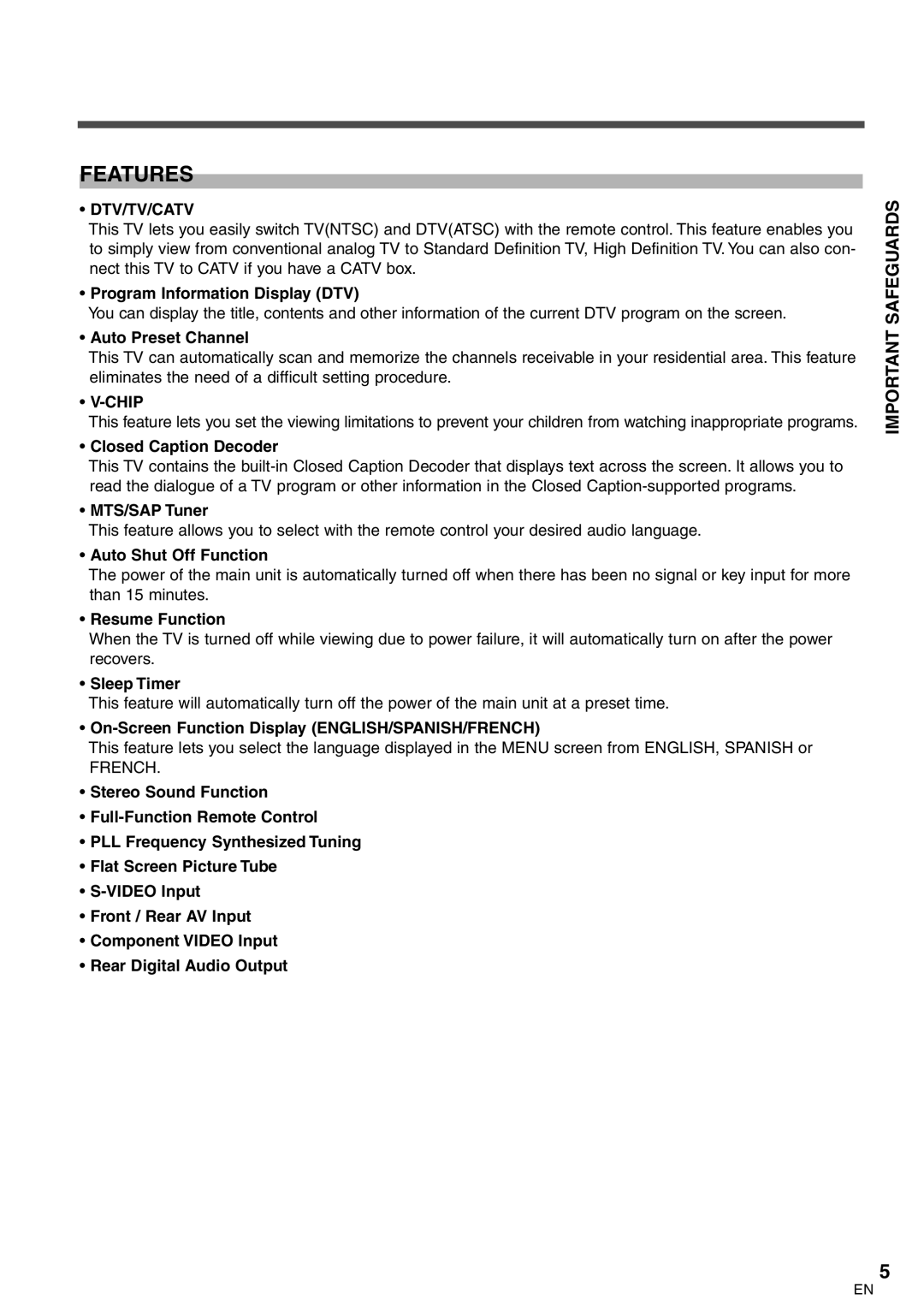 Sylvania 6427GFG A owner manual Features, Dtv/Tv/Catv, Chip 