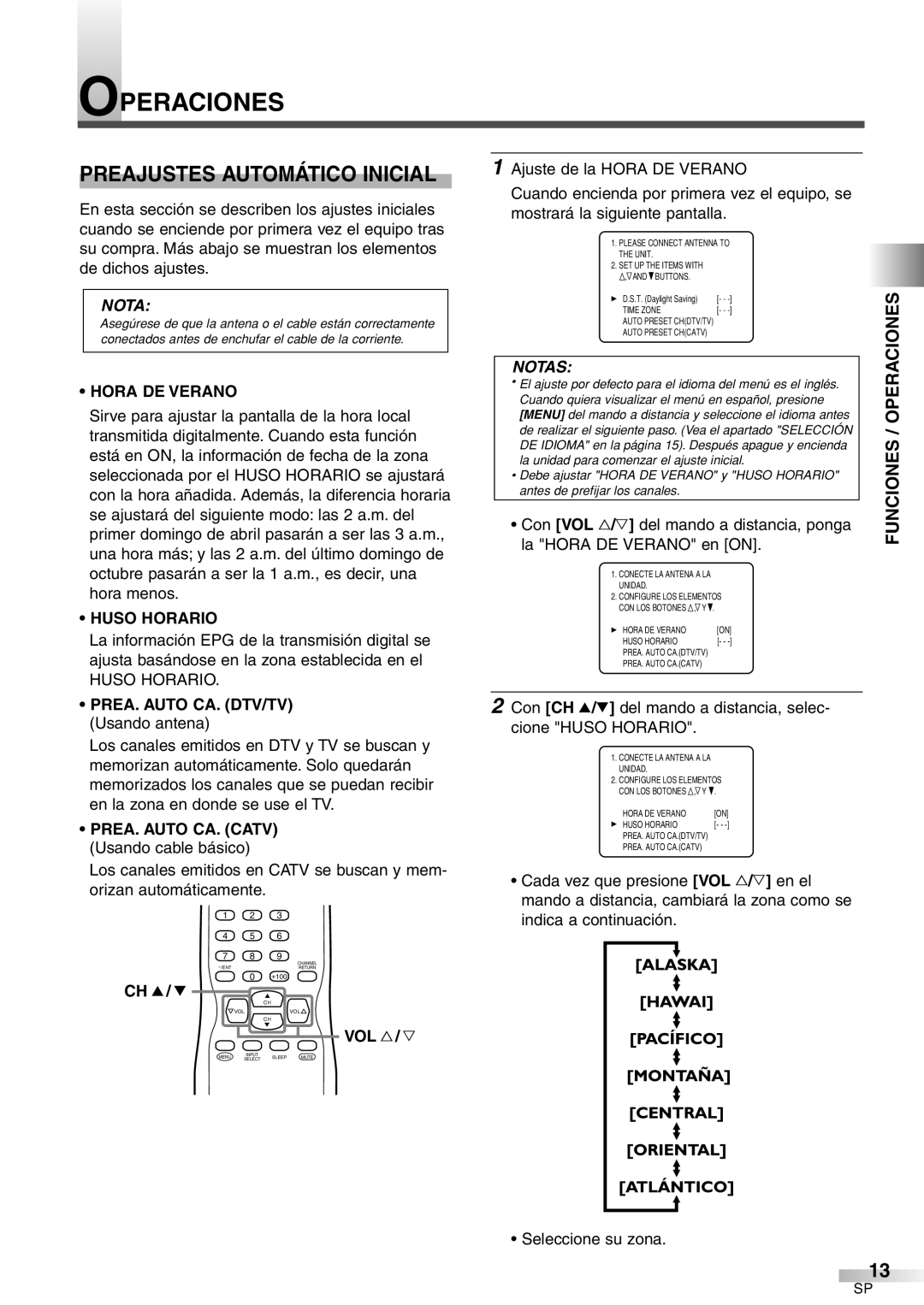 Sylvania 6427GFG A owner manual Operaciones, Preajustes Automático Inicial, Hora DE Verano, Huso Horario 