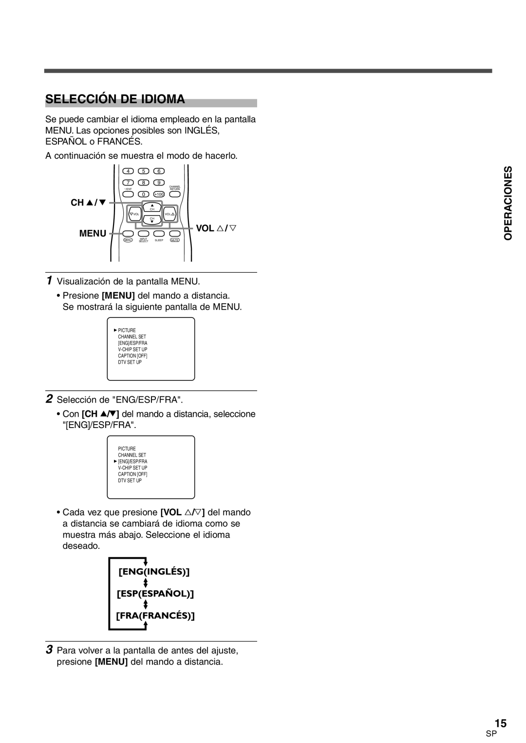 Sylvania 6427GFG A owner manual Selección DE Idioma, Operaciones 