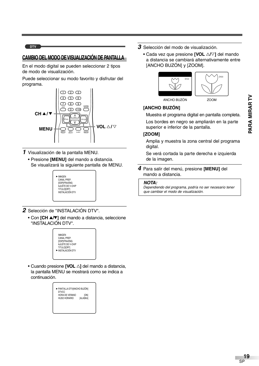 Sylvania 6427GFG A owner manual Para Mirar TV, Cambio DEL Modo Devisualización DE Pantalla, Instalación DTV, Ancho Buzón 